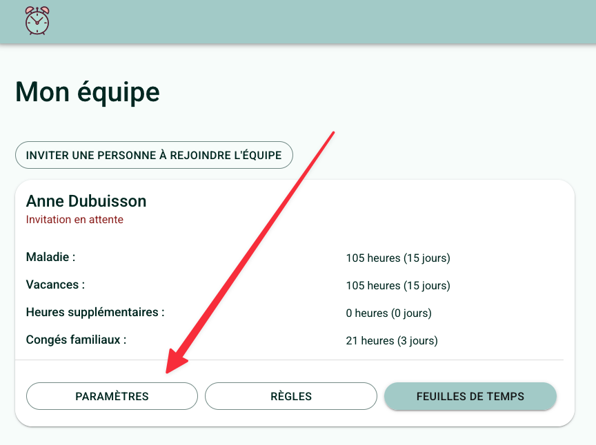 Capture d'écran de la page "Mon équipe". Un carré rouge entoure le bouton "Paramètres" dans le cadre de l'employé·e