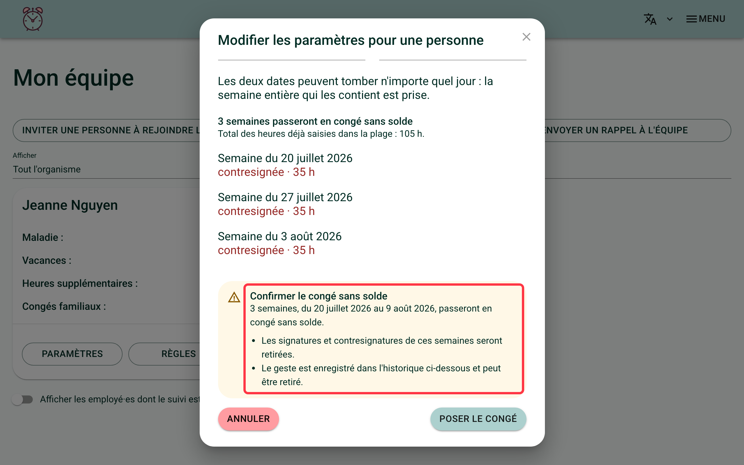 Capture d'écran de la fenêtre de congé sans solde montrant l'encadré de confirmation avant l'enregistrement