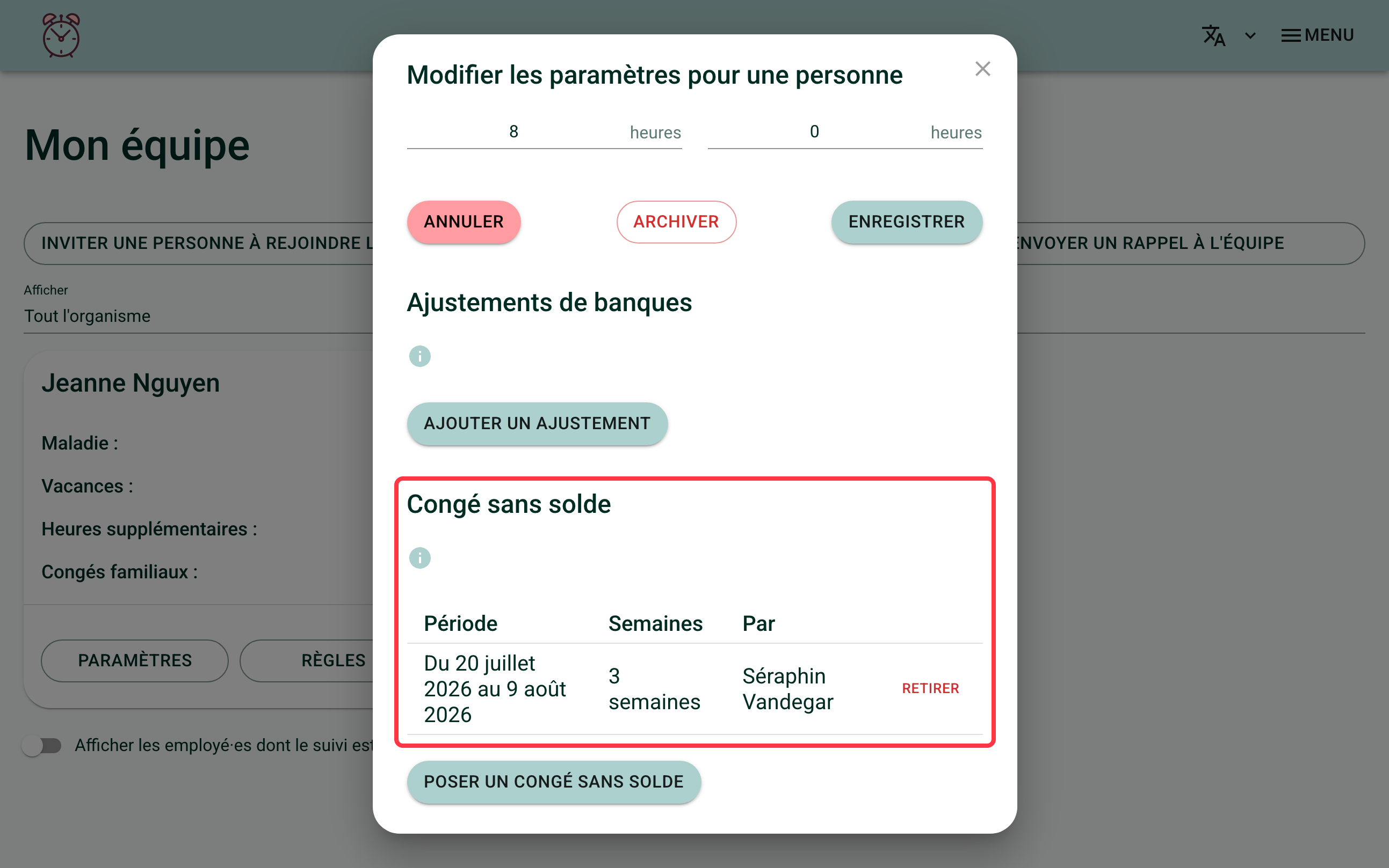 Capture d'écran de la section "Congé sans solde" montrant l'historique des congés posés et le bouton "Retirer"
