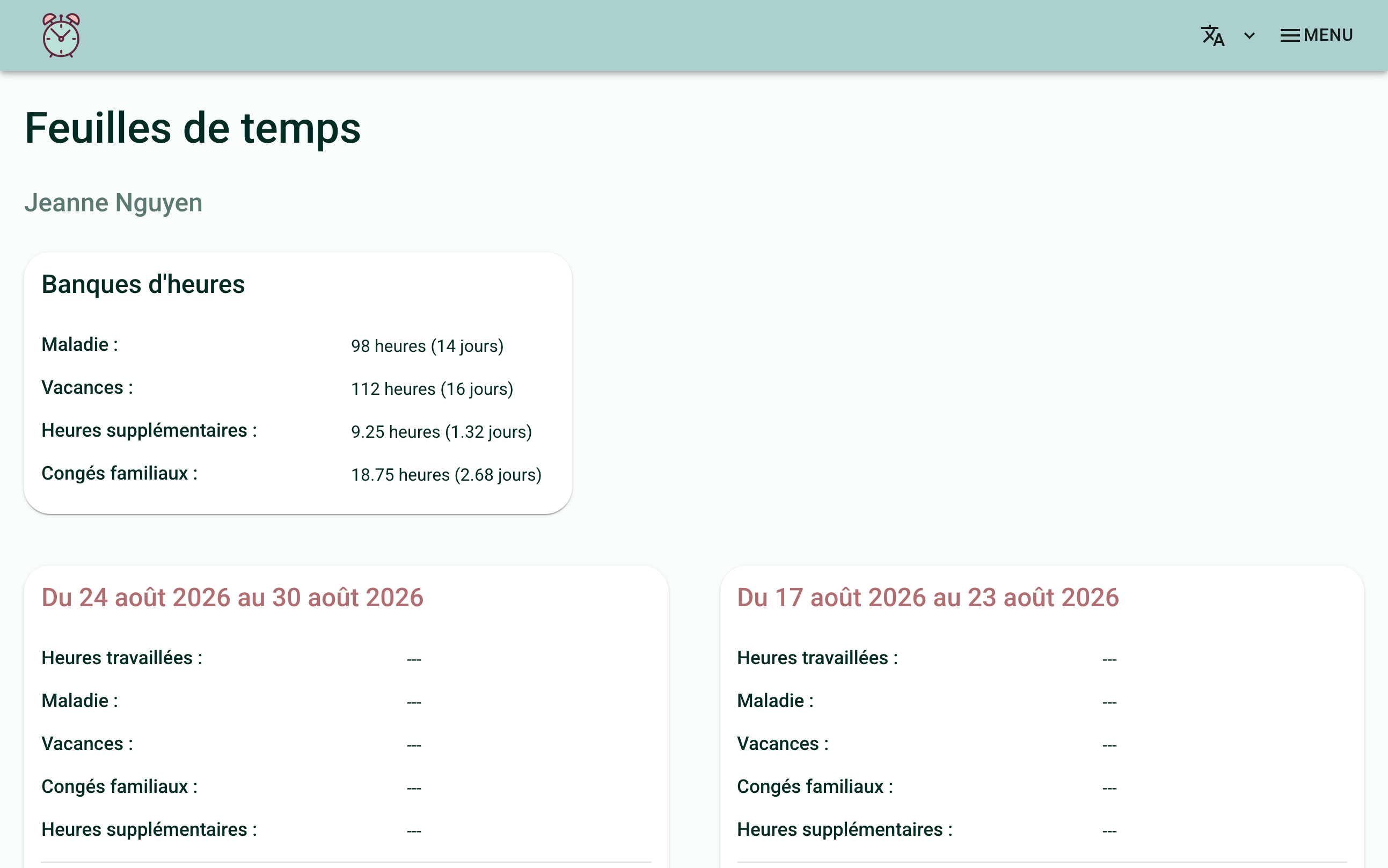 Capture d'écran de la page des feuilles de temps, montrant le résumé des banques d'heures puis une carte par semaine