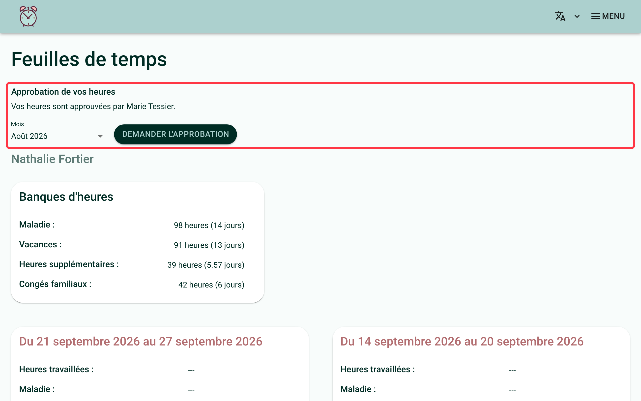 Capture d'écran du haut de la page "Mes feuilles de temps". Un carré rouge entoure le bloc "Approbation de vos heures", avec le champ "Mois" et le bouton "Demander l'approbation"