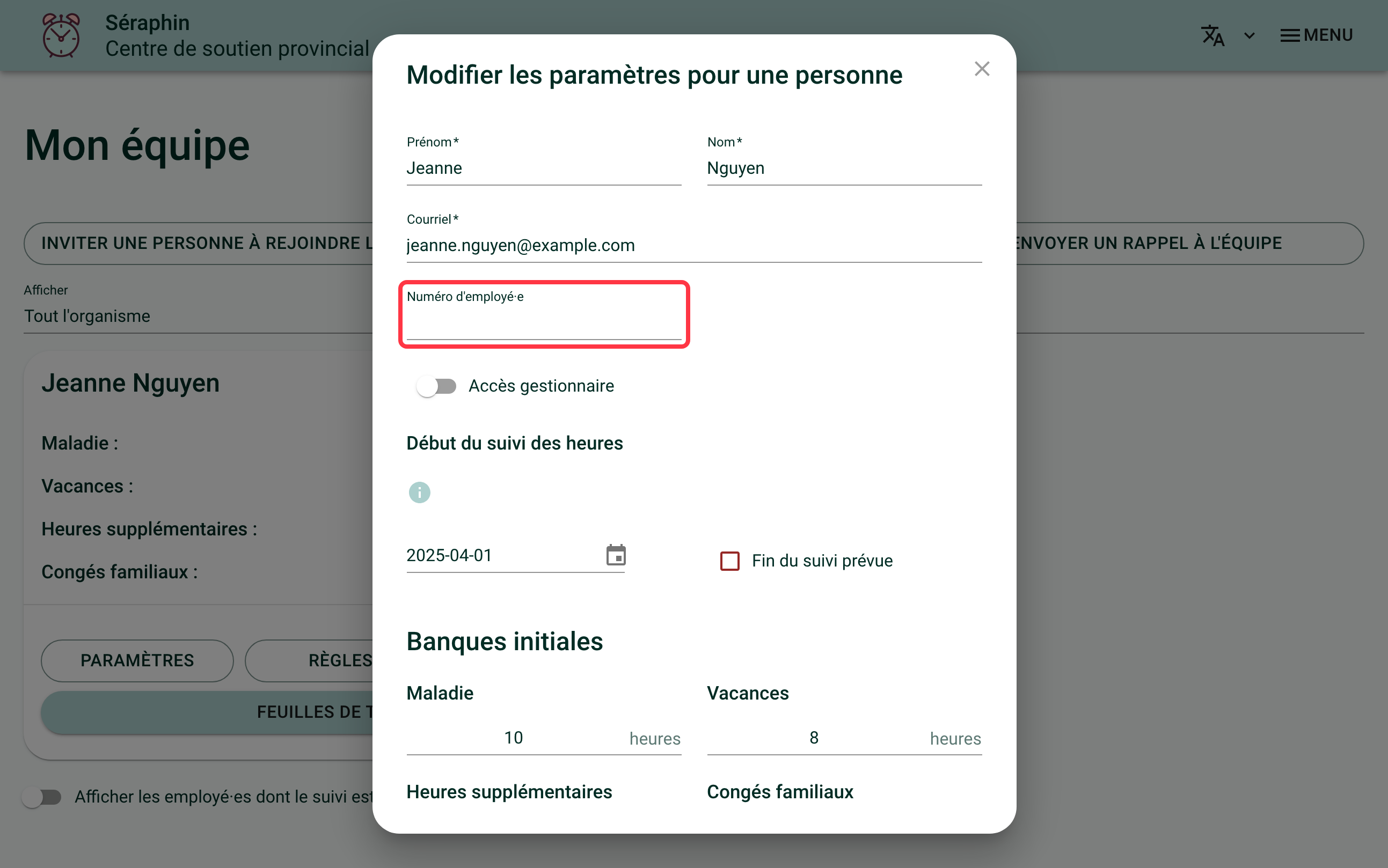 Capture d'écran de la fenêtre des paramètres d'une personne. Un carré rouge entoure le champ « Numéro d'employé·e »