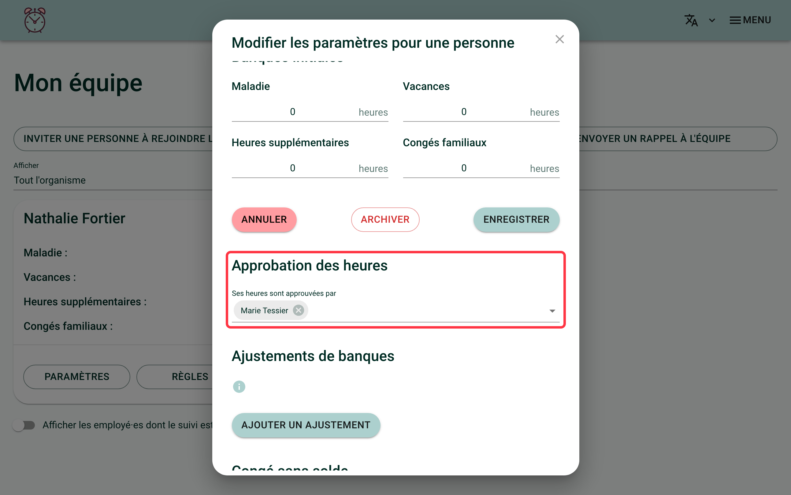 Capture d'écran de la fenêtre des paramètres de la direction générale. Un carré rouge entoure la section "Approbation des heures", avec la présidence dans le champ "Ses heures sont approuvées par"