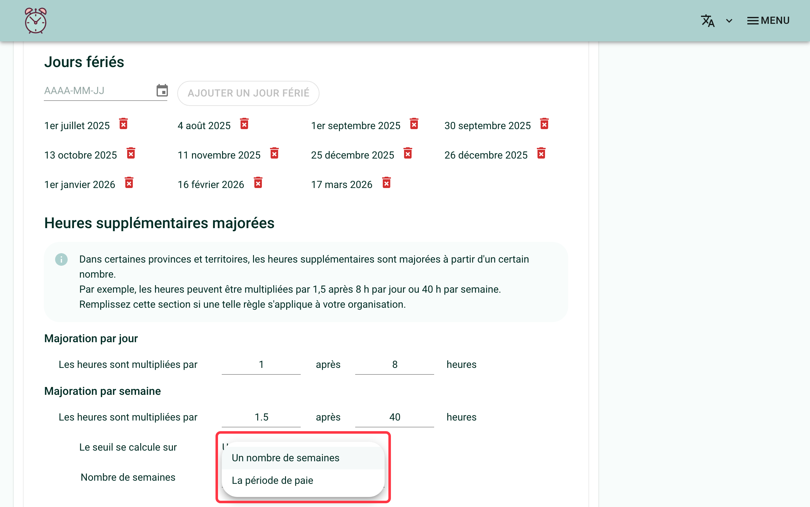 Capture d'écran montrant la section "Heures supplémentaires majorées" des règles de l'organisation. Un carré rouge entoure le champ "Le seuil se calcule sur", ouvert sur ses deux choix : "Un nombre de semaines" et "La période de paie"