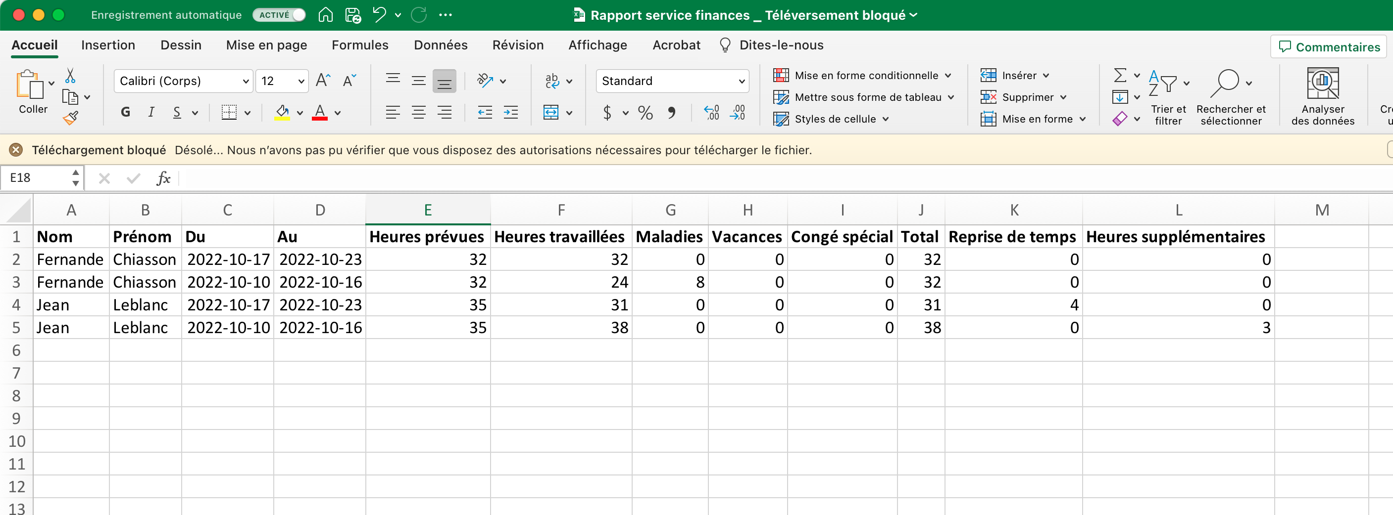Capture d&#39;écran d&#39;un fichier Excel montrant le résumé des banques d&#39;heures pour chaque employé·e de l&#39;organisme