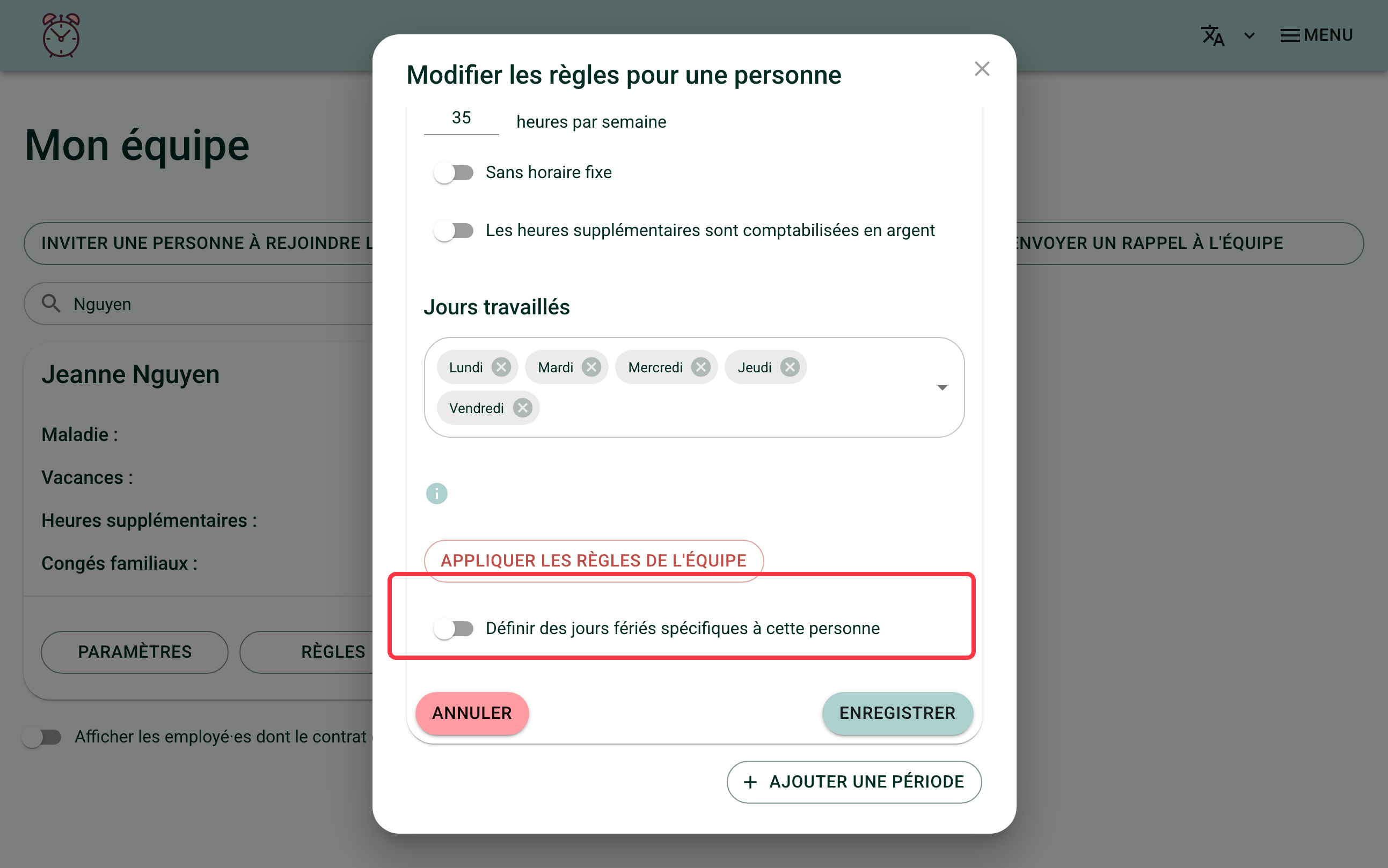 Capture d'écran de la fenêtre des règles d'un·e employé·e. Un carré rouge entoure l'interrupteur "Définir des jours fériés spécifiques à cette personne"