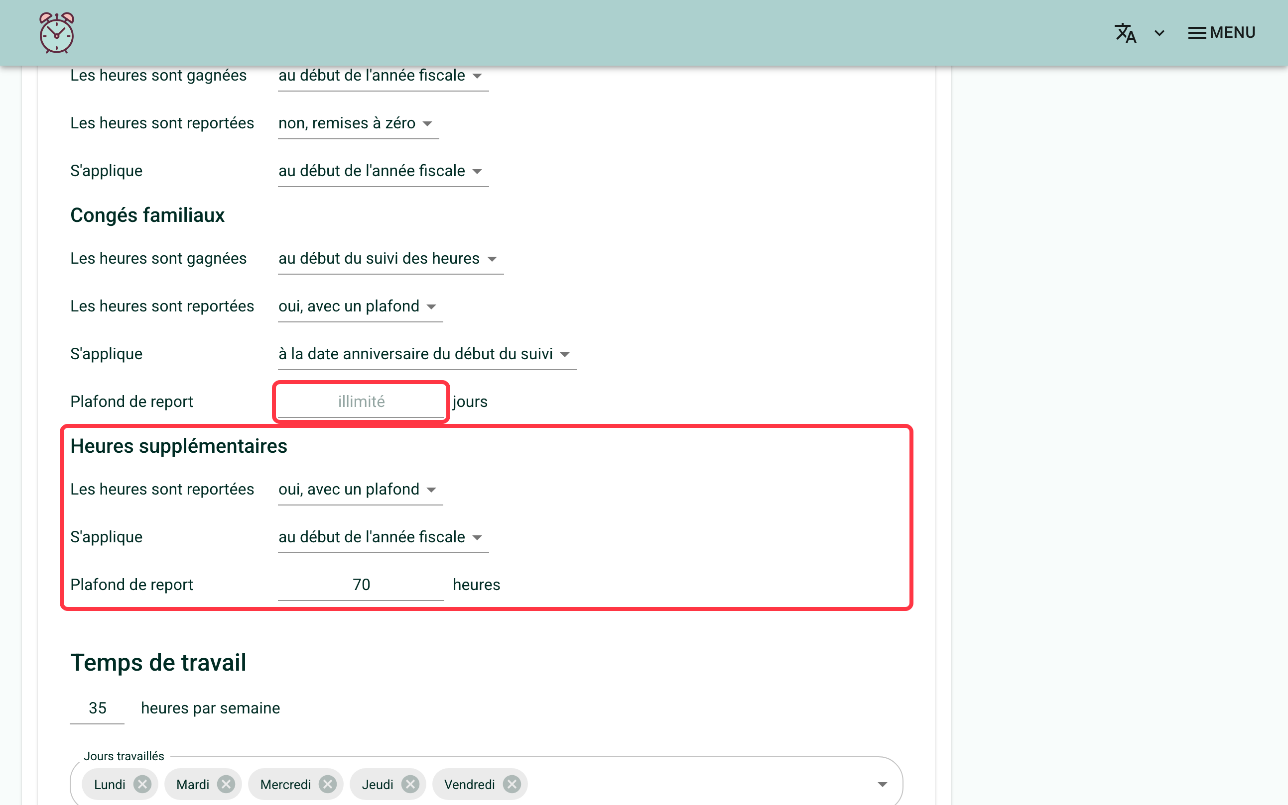 Capture d'écran montrant la section "Heures supplémentaires" des règles de l'organisation, avec un report plafonné à 70 heures. Un carré rouge entoure le champ "Plafond de report" de la banque de congés familiaux juste au-dessus, en jours, pour montrer le contraste avec l'unité heures de la banque des heures supplémentaires ; un second carré rouge entoure toute la section "Heures supplémentaires", de son titre à son plafond en heures