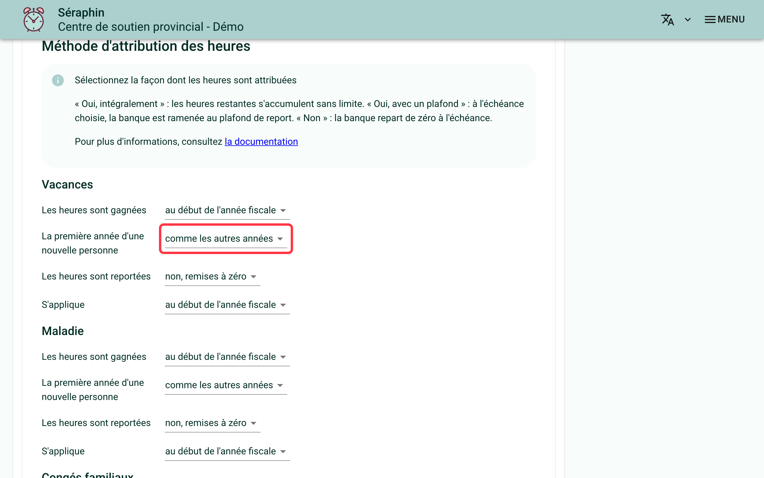Capture d'écran de la section "Méthode d'attribution des heures". Un carré rouge entoure le champ "La première année d'une nouvelle personne", sous la banque de vacances, réglé sur "comme les autres années"
