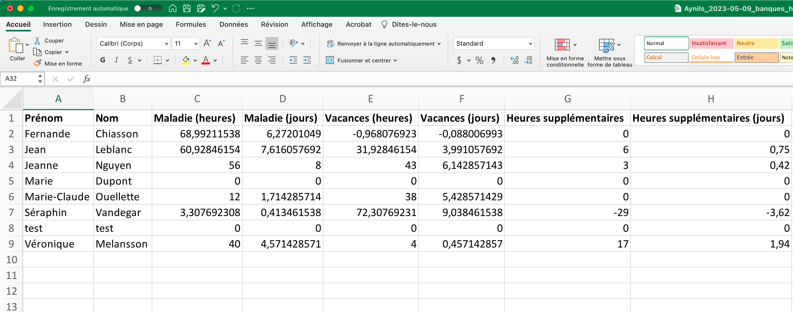 Capture d&#39;écran d&#39;un fichier Excel montrant le résumé des banques d&#39;heures pour chaque employé·e de l&#39;organisme