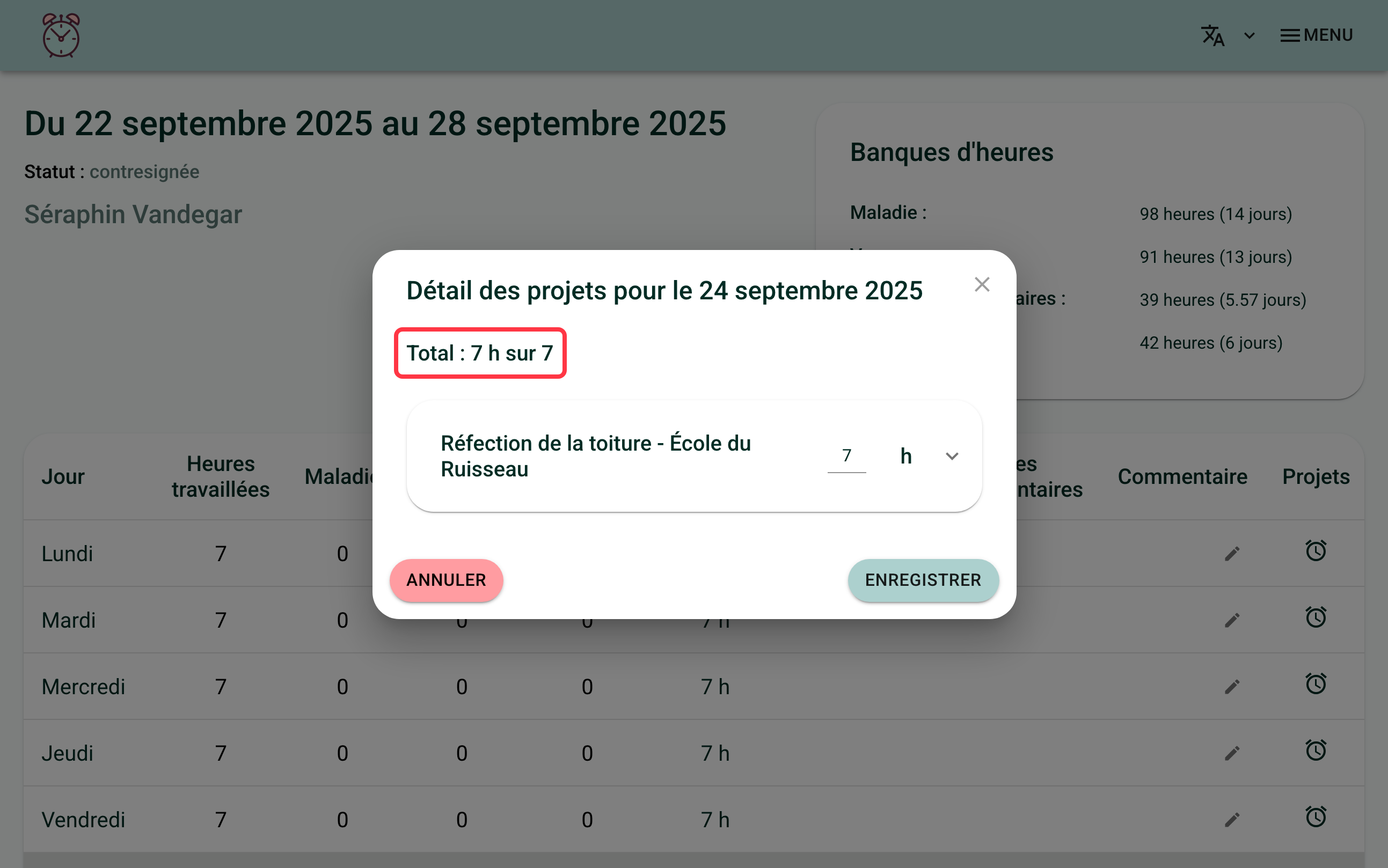 Capture d'écran de la fenêtre "Détail des projets". Un carré rouge entoure la ligne "Total : 7 h sur 7", en haut de la fenêtre