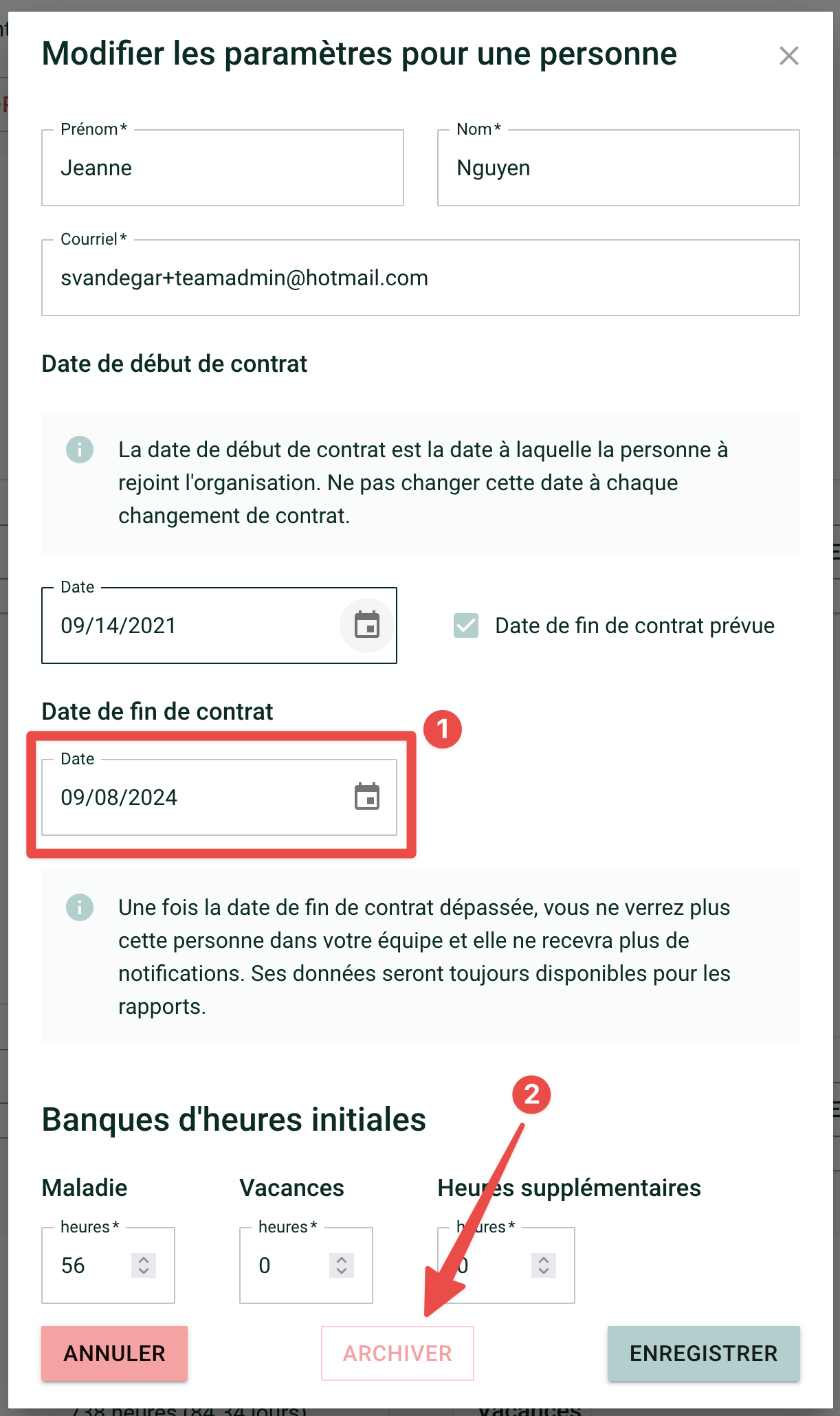 Capture d&#39;écran montrant les paramètres de Jeanne Nguyen. Un cadre rouge entoure le champ de date de fin de contrat avec un numéro 1. Une flèche rouge montre le bouton &quot;archiver&quot; avec un numéro 2