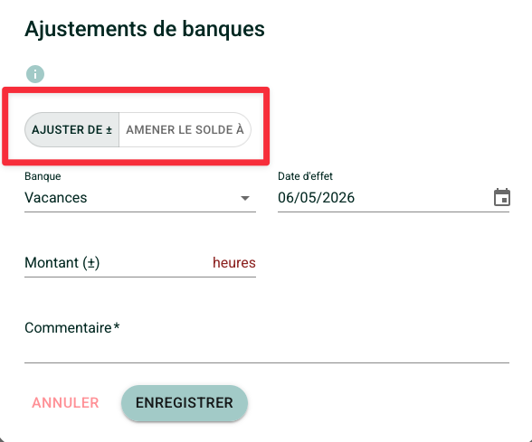 Capture d'écran de la fenêtre d'ajustement. Un carré rouge entoure les deux modes de saisie "Ajuster de ±" et "Amener le solde à"