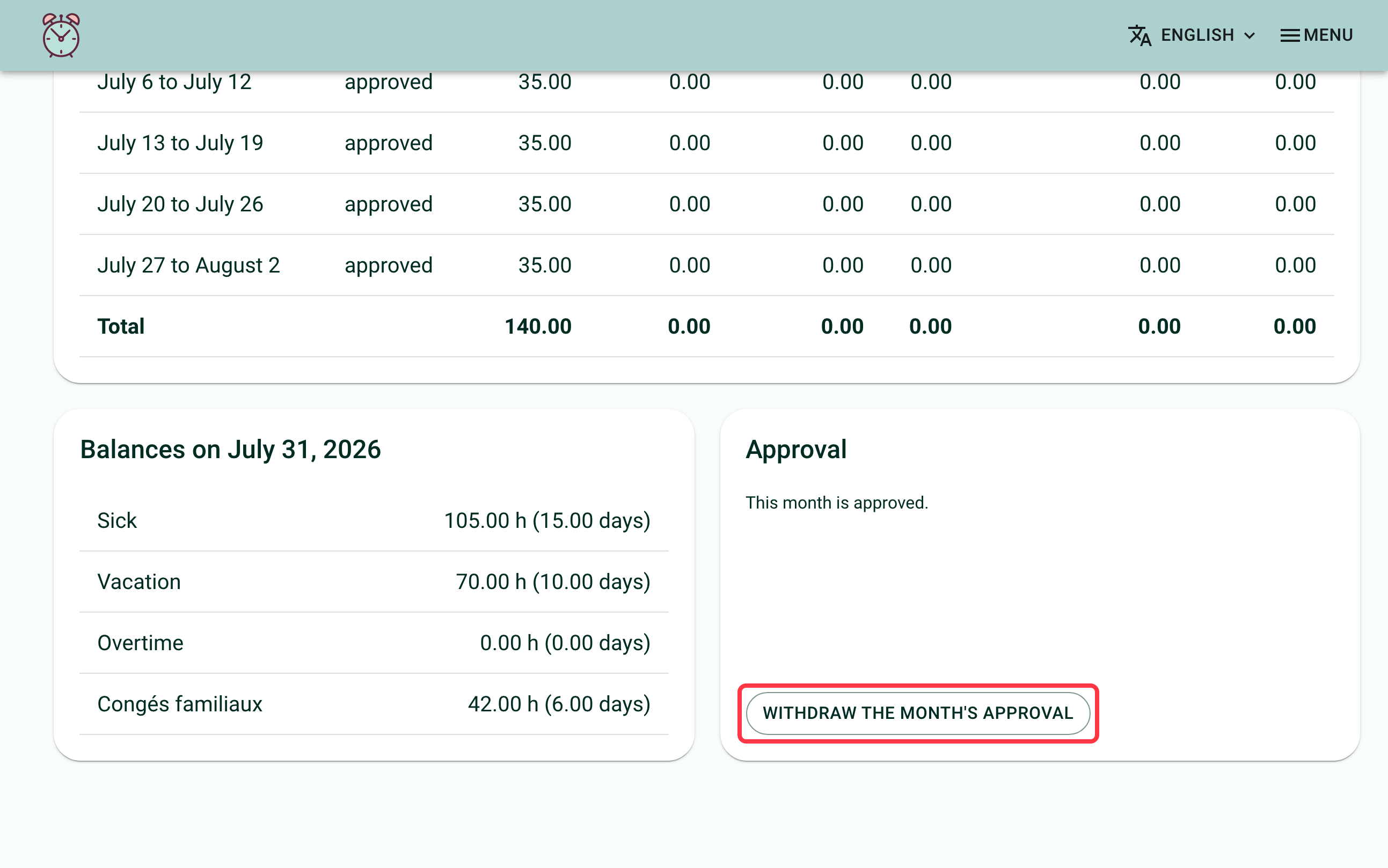 Screenshot of the "Approval" card of an approved month. A red box surrounds the "Withdraw the month's approval" button