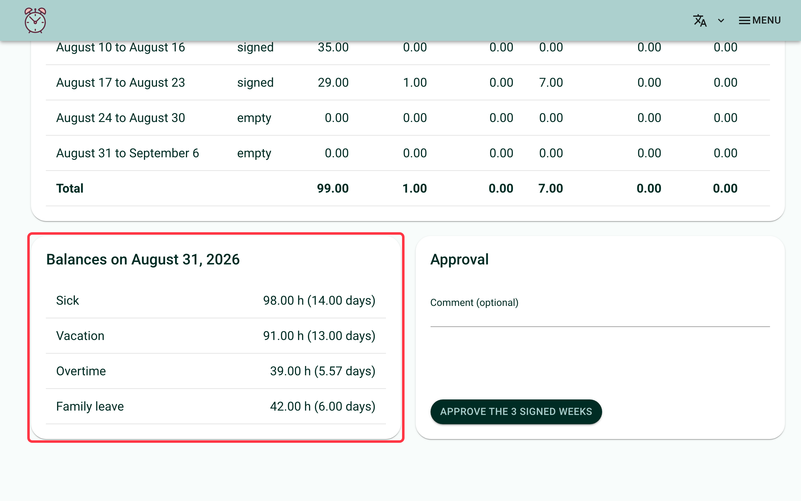 Screenshot of the bottom of the "Approvals" screen. A red box surrounds the "Balances on August 31, 2026" card, with the sick leave, vacation, overtime and family leave balances