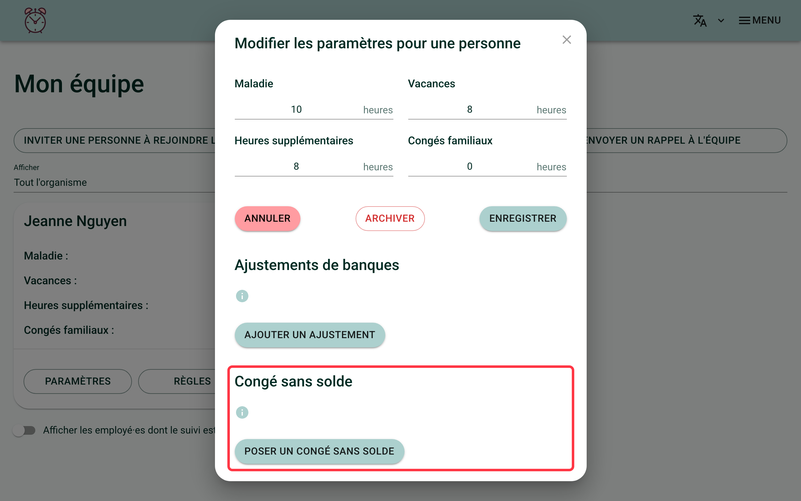 Screenshot of the employee's settings window. A red square highlights the "Unpaid leave" section and the "Add unpaid leave" button