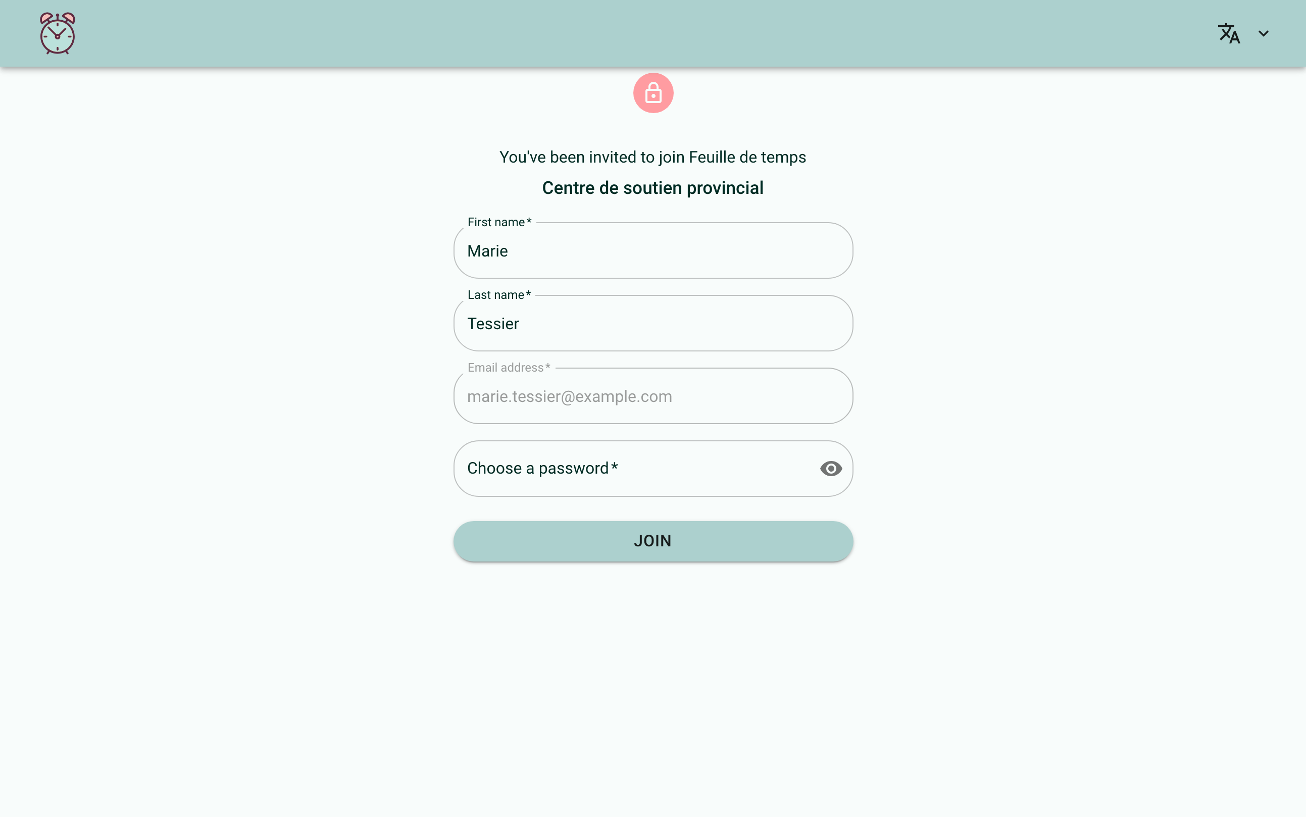 Screenshot of the account creation form: the organization's name at the top, the first name, last name and email address already filled in, the password field and the "Join" button