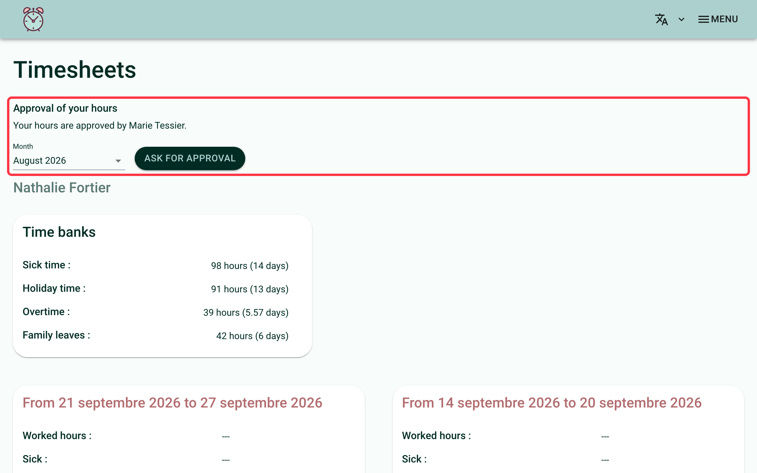 Screenshot of the top of the "My Timesheets" page. A red box surrounds the "Approval of your hours" block, with the "Month" field and the "Ask for approval" button