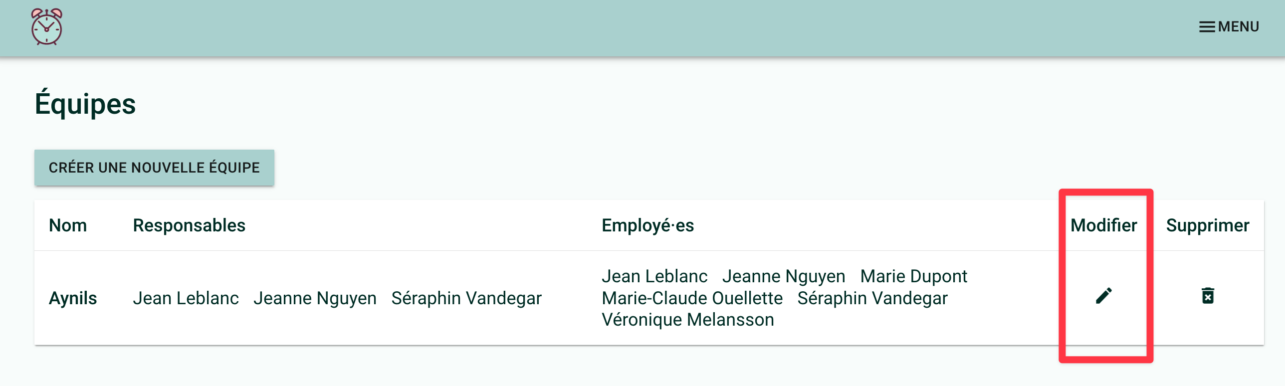Capture d&#39;écran montrant la liste des équipes avec la colonne &quot;Modifier&quot; encadrée en rouge
