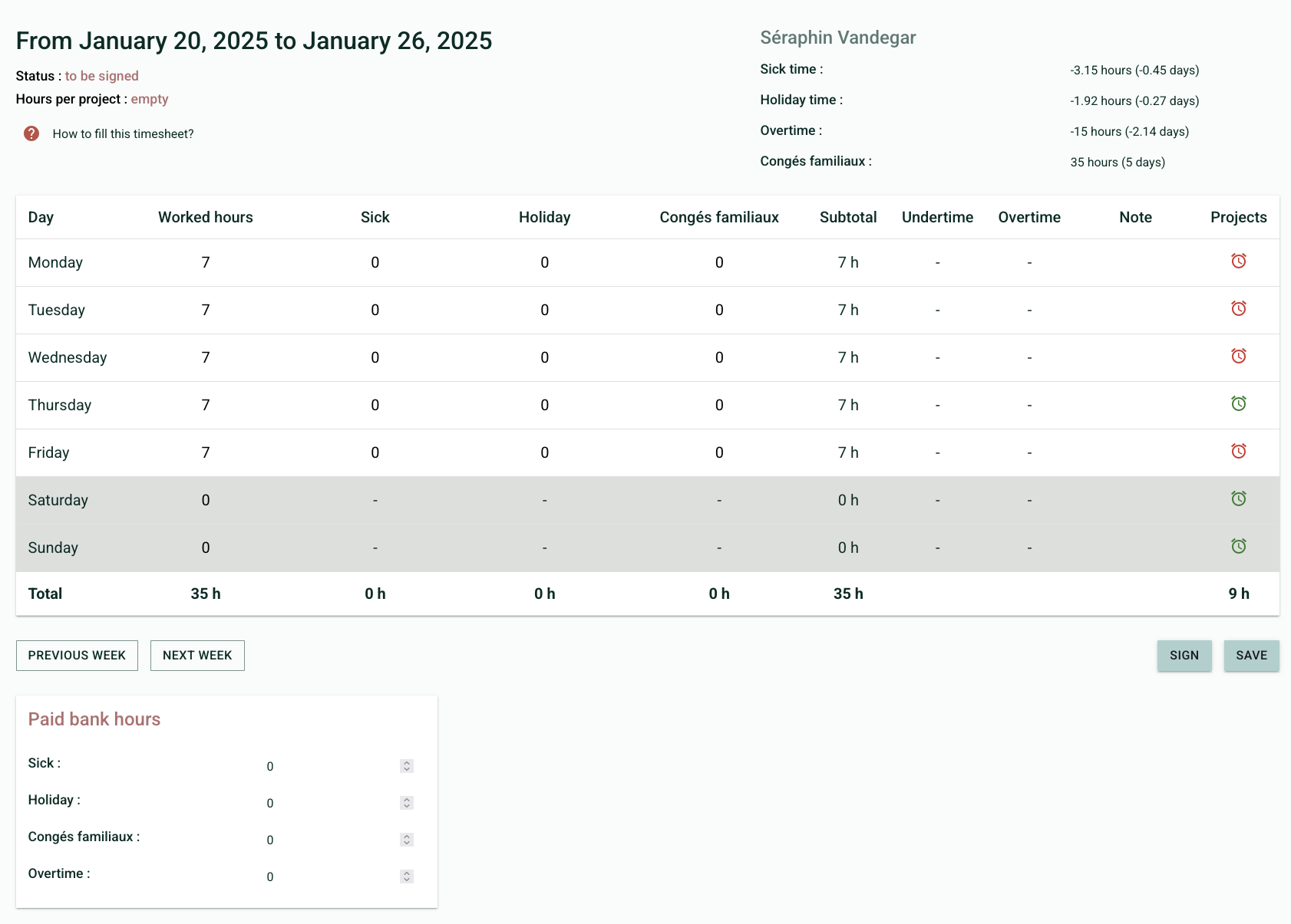 Screenshot of the &quot;Timesheet&quot; page showing the paid hours table