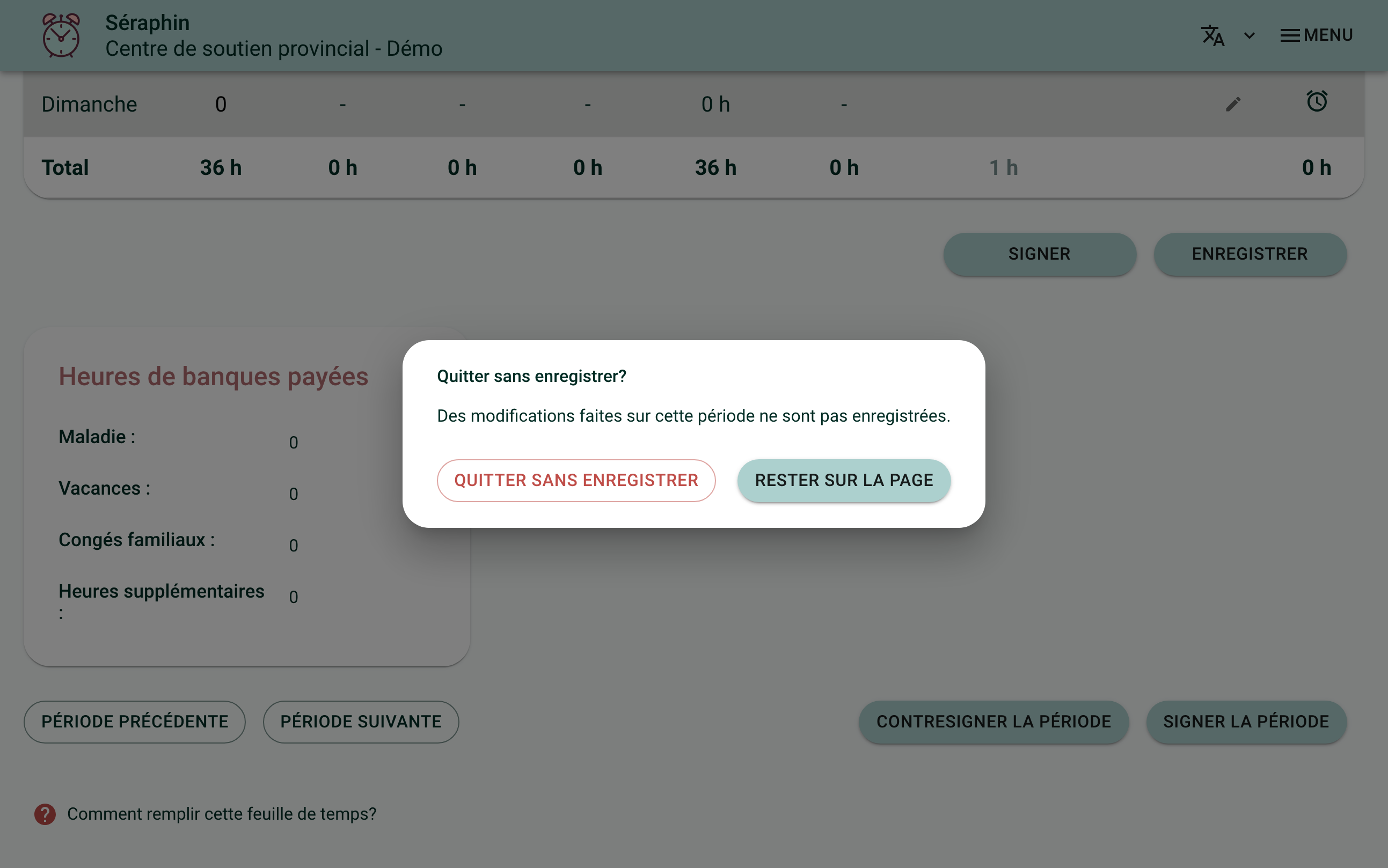 Screenshot of the "Leave without saving?" window displayed over the page of a period. The window says that changes are not saved and offers two buttons: "Leave without saving" on the left and "Stay on the page" on the right