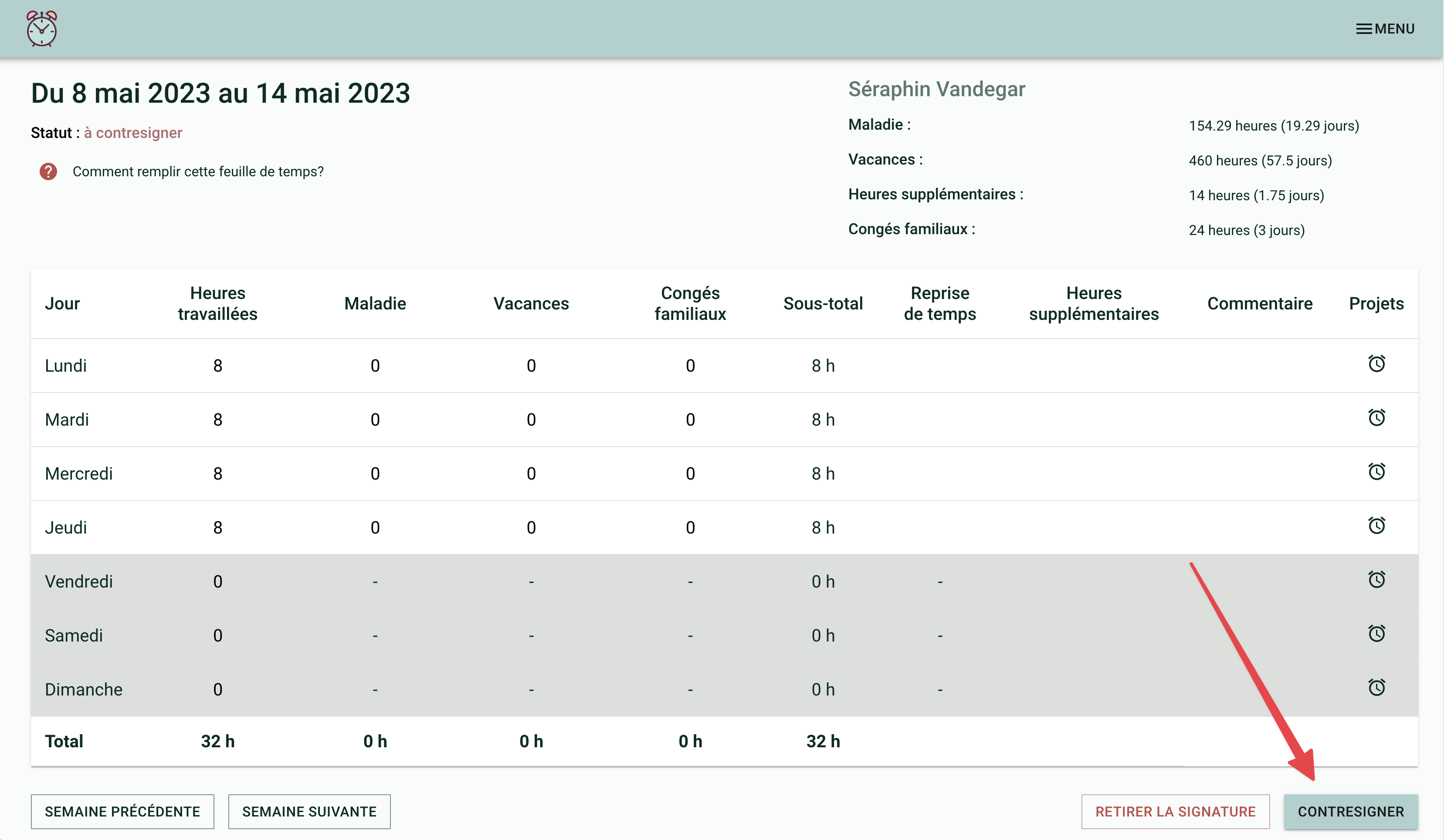 Screenshot showing a timesheet. A red arrow points to the &quot;Countersign&quot; button