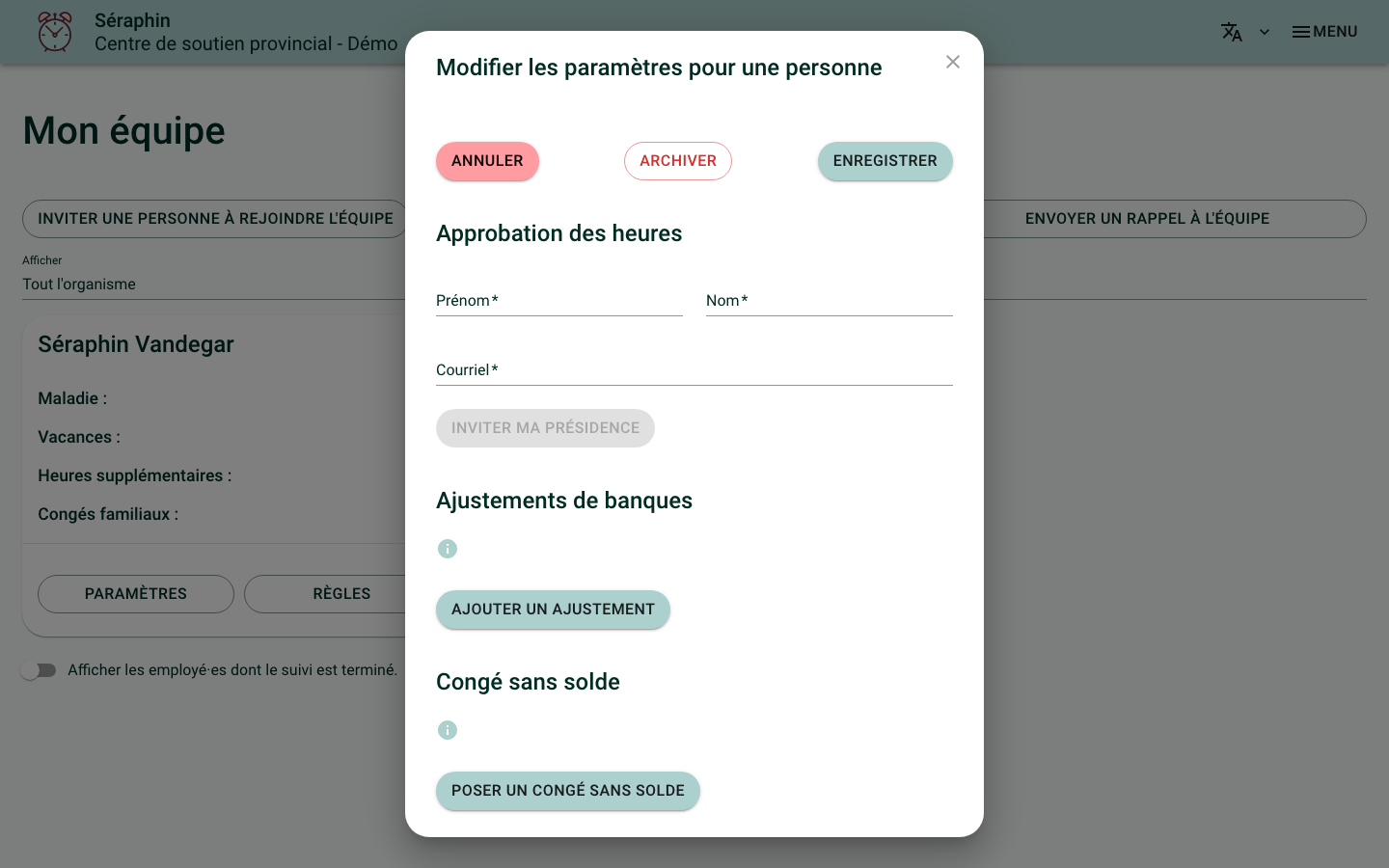 Screenshot of the settings window, with the "Approval of hours" section filled in for the chair: the First name, Last name and Email fields, and the "Invite my board chair" button
