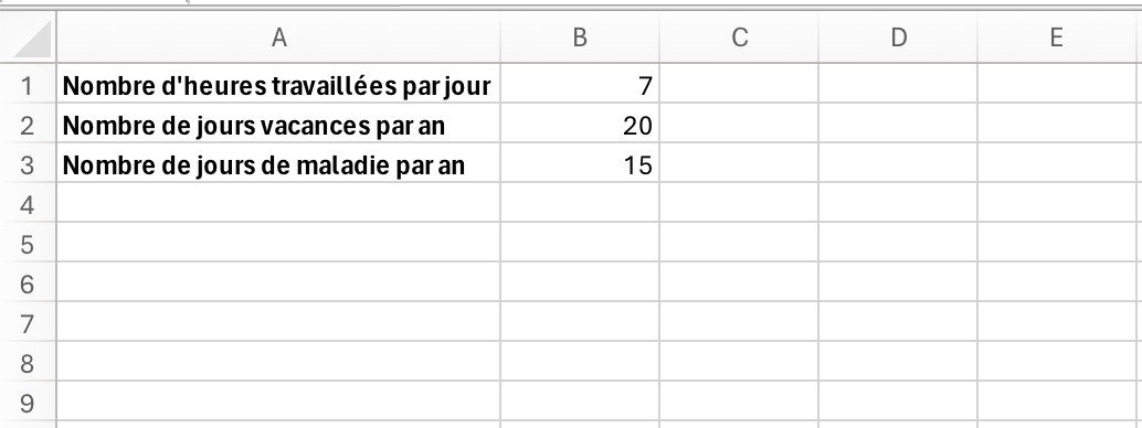 Fichier excel avec trois lignes &quot;Nombre d&#39;heures travaillées par jour&quot;, &quot;Nombre de jours vacances par an&quot;, &quot;Nombre de jours de maladie par an&quot;. La seconde colonne montre les chiffres 7, 20 et 15