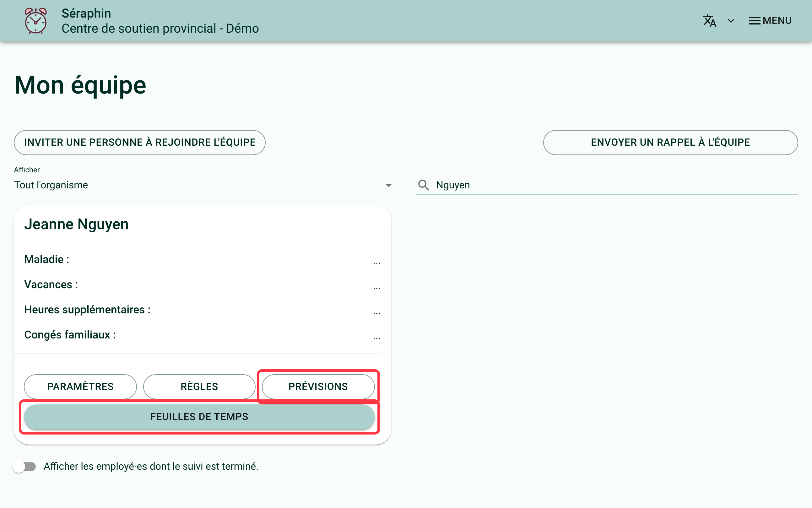 Screenshot of the "My team" page. A red square surrounds the "Future timesheets" and "Timesheets" buttons in a person's card