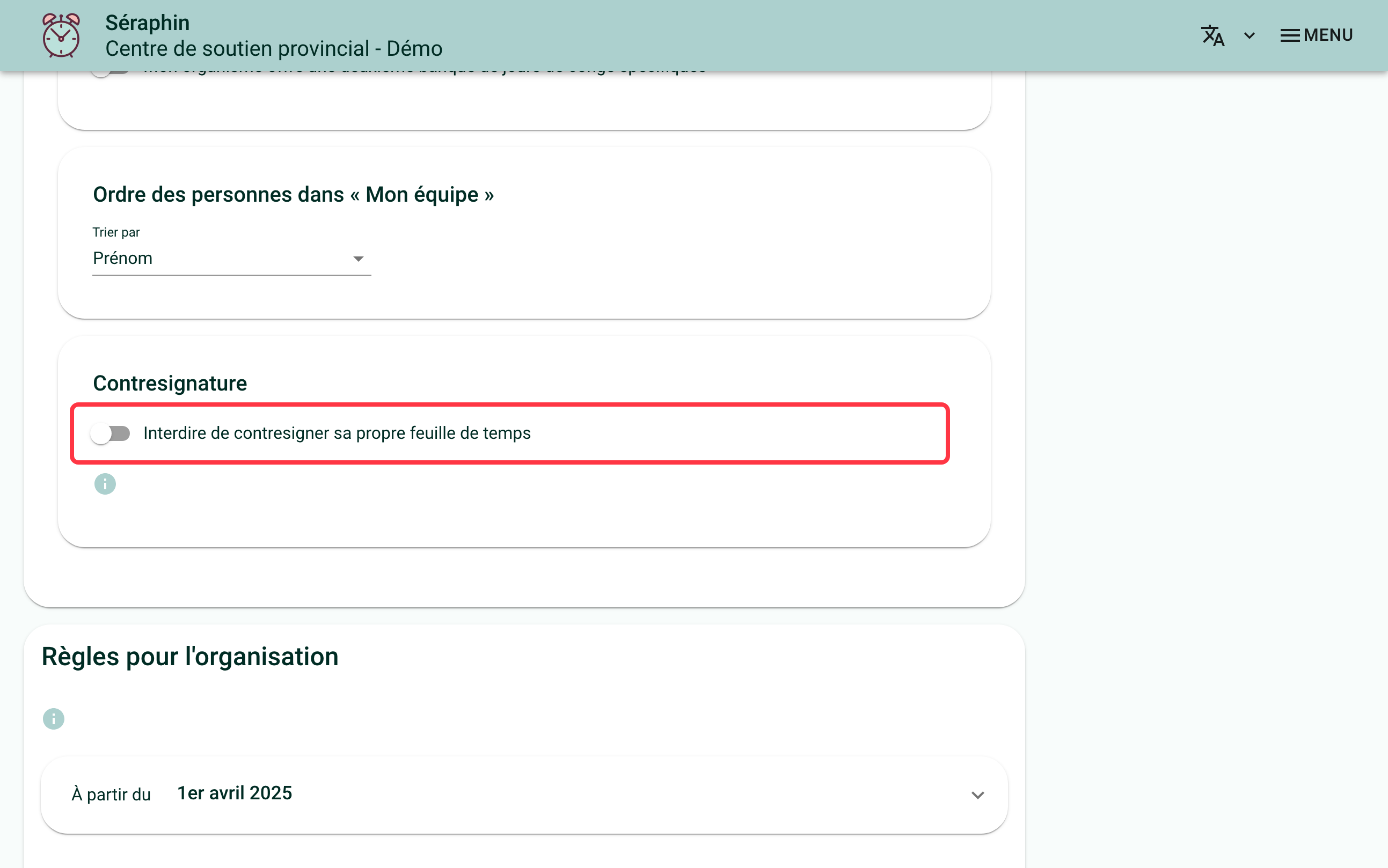Screenshot of the "My Organization" page showing the "Countersignature" card. A red square surrounds the "Forbid countersigning one's own timesheet" switch