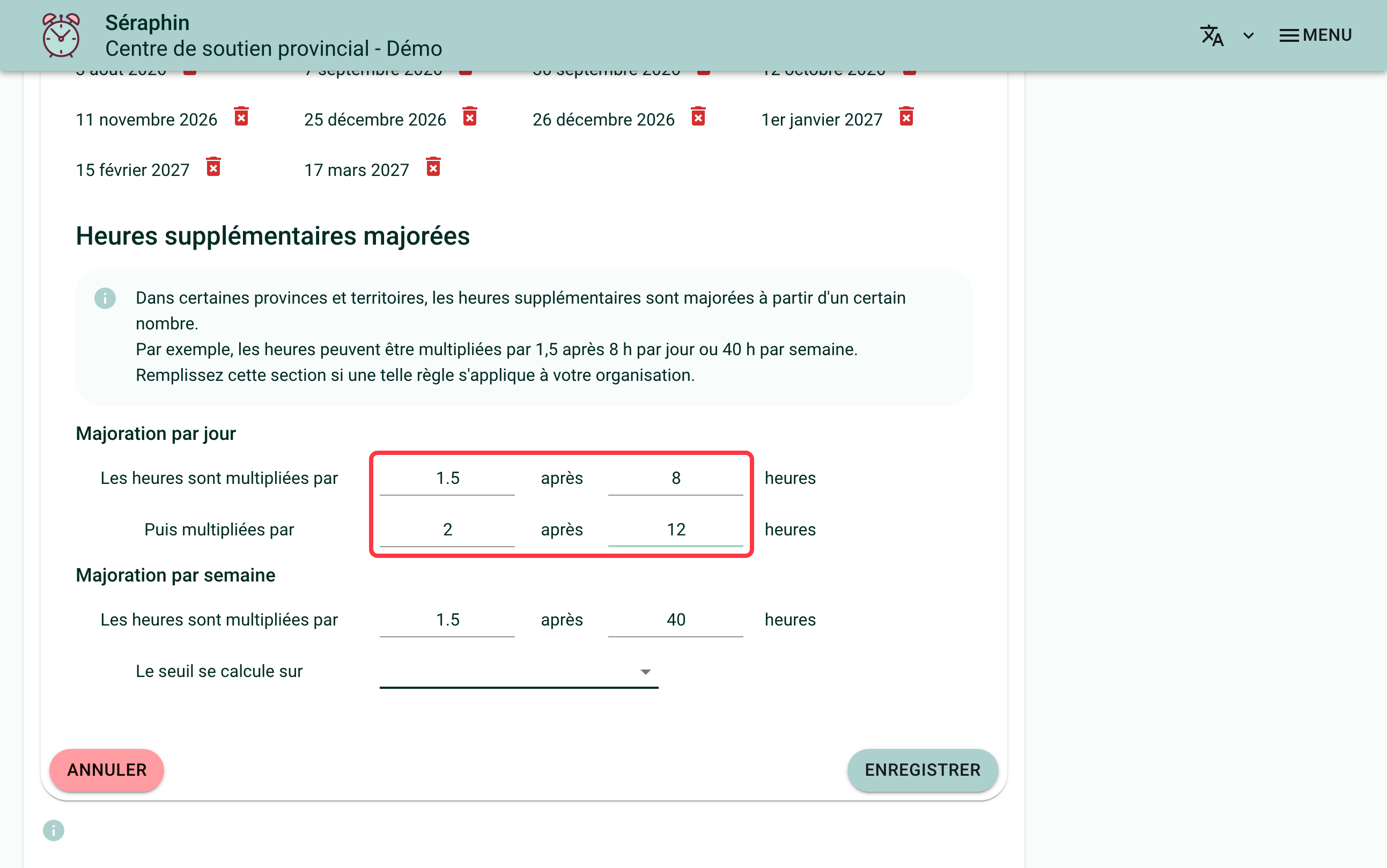 Screenshot showing the rule-setting window. A red box surrounds the four daily premium fields: the first tier at 1.5 past 8 hours, the second at 2 past 12 hours