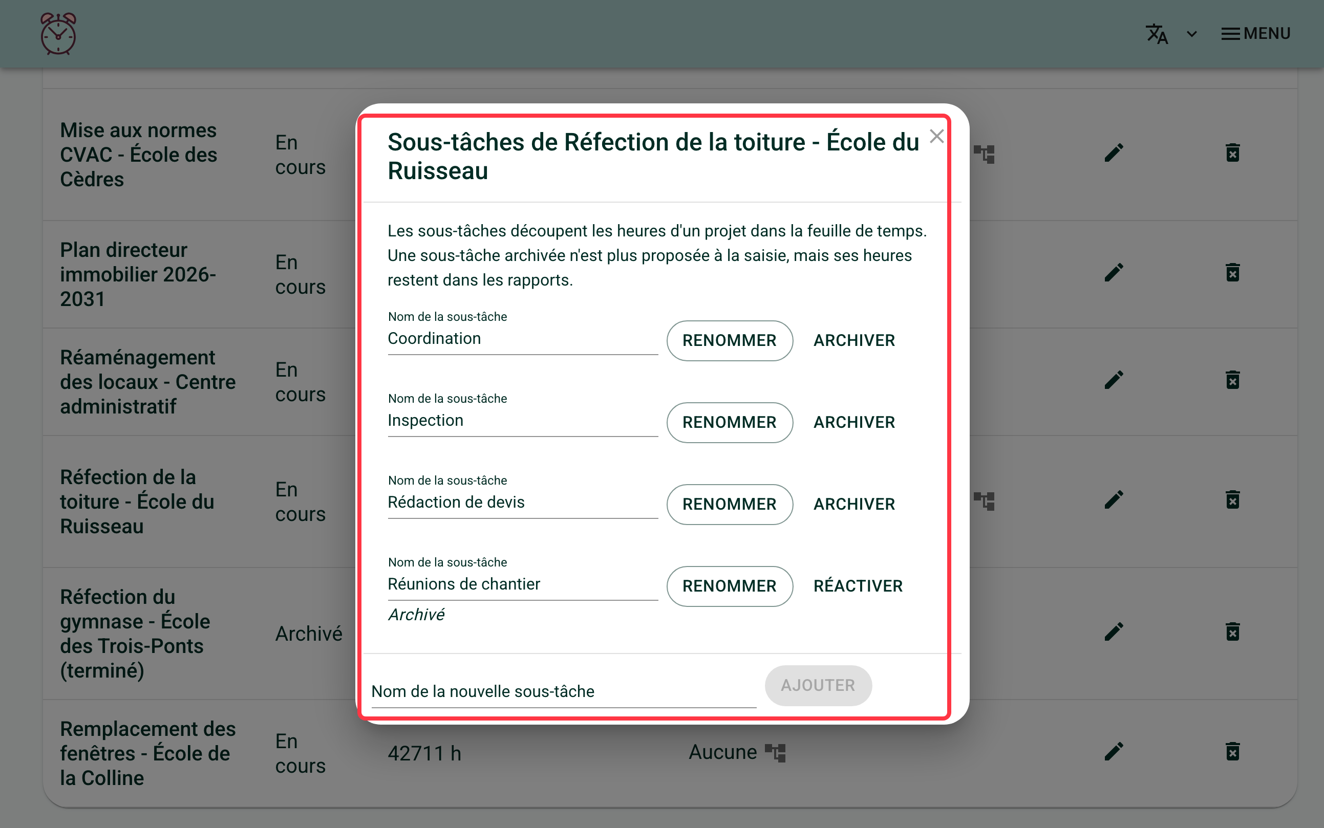 Screenshot of the "Sub-tasks of Réfection de la toiture - École du Ruisseau" window. A red square surrounds the list of sub-tasks, one of them archived, and the field to add a new one