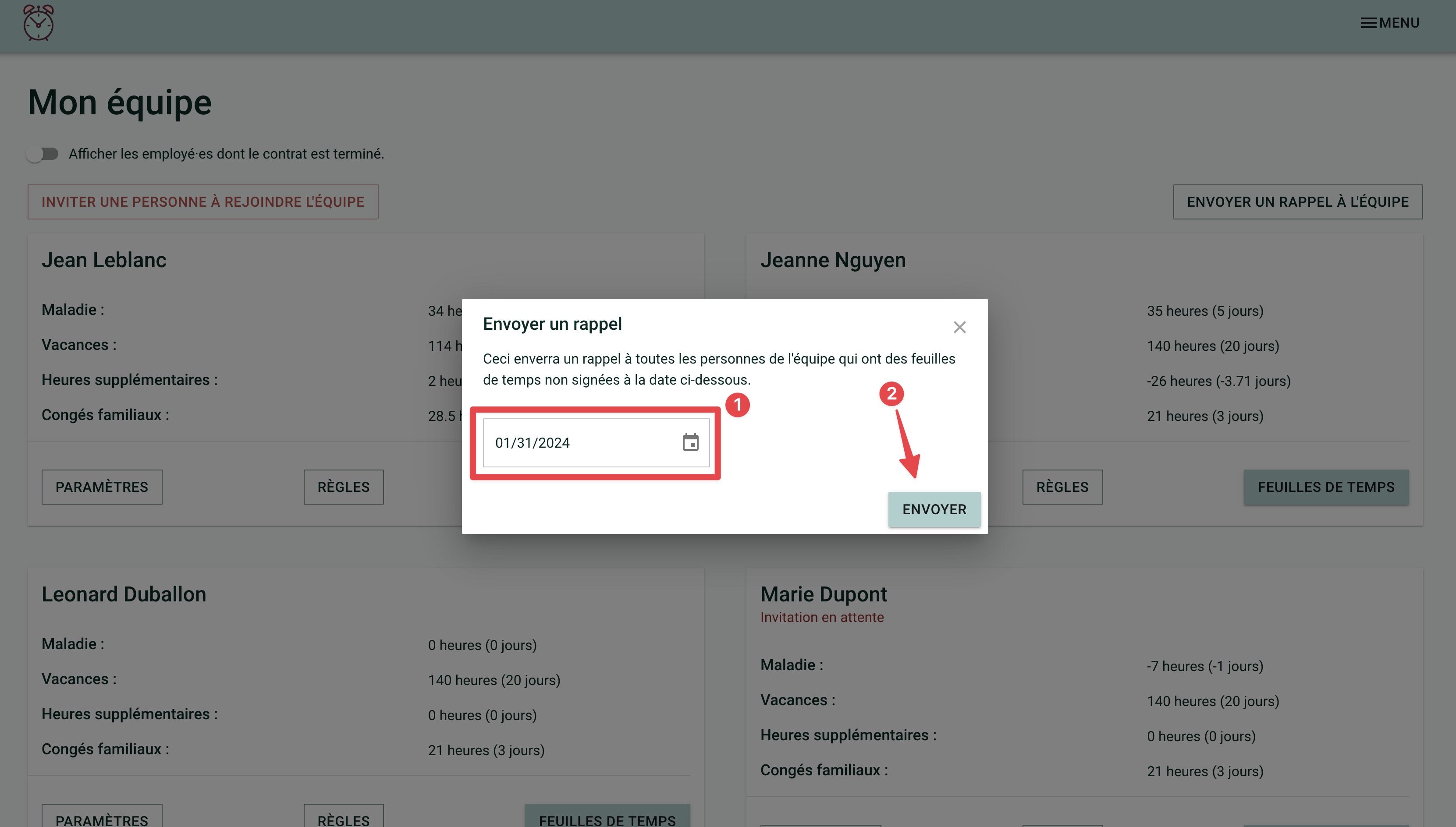 Screenshot showing the reminder sending window. A box highlights the date field, and a red arrow points to the &quot;Send&quot; button