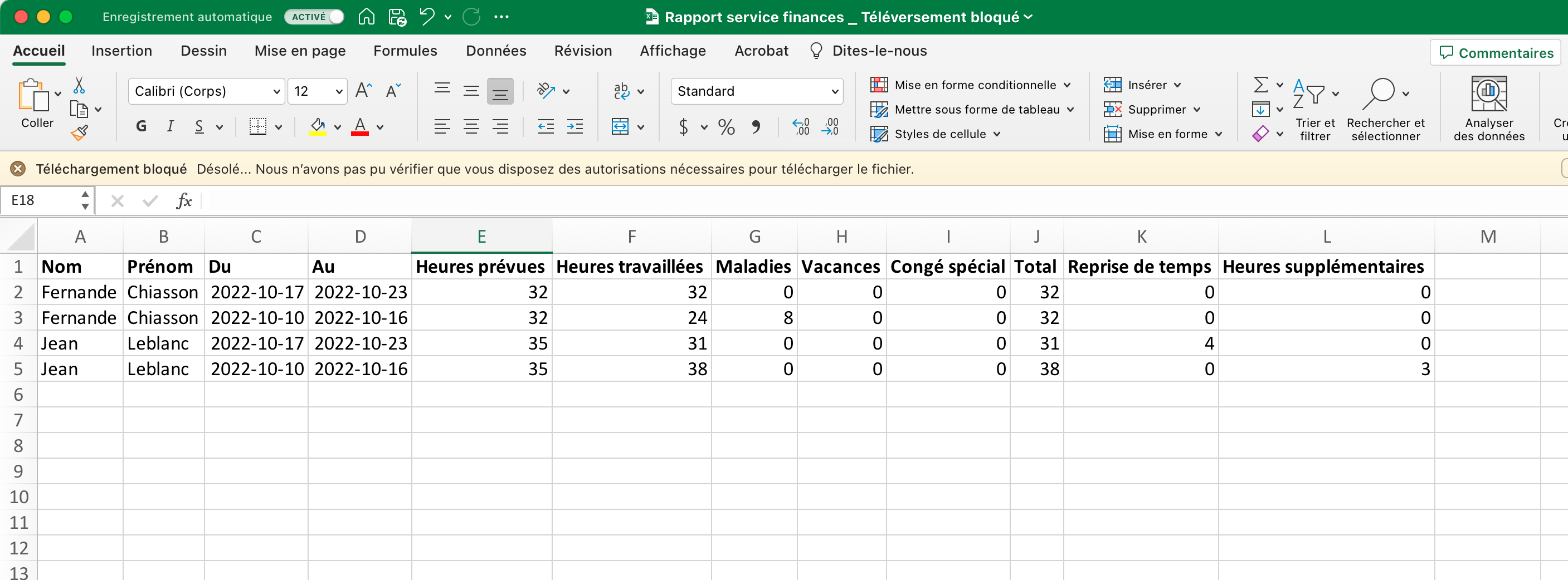 Screenshot of an Excel file showing the summary of hour banks for each employee in the organization