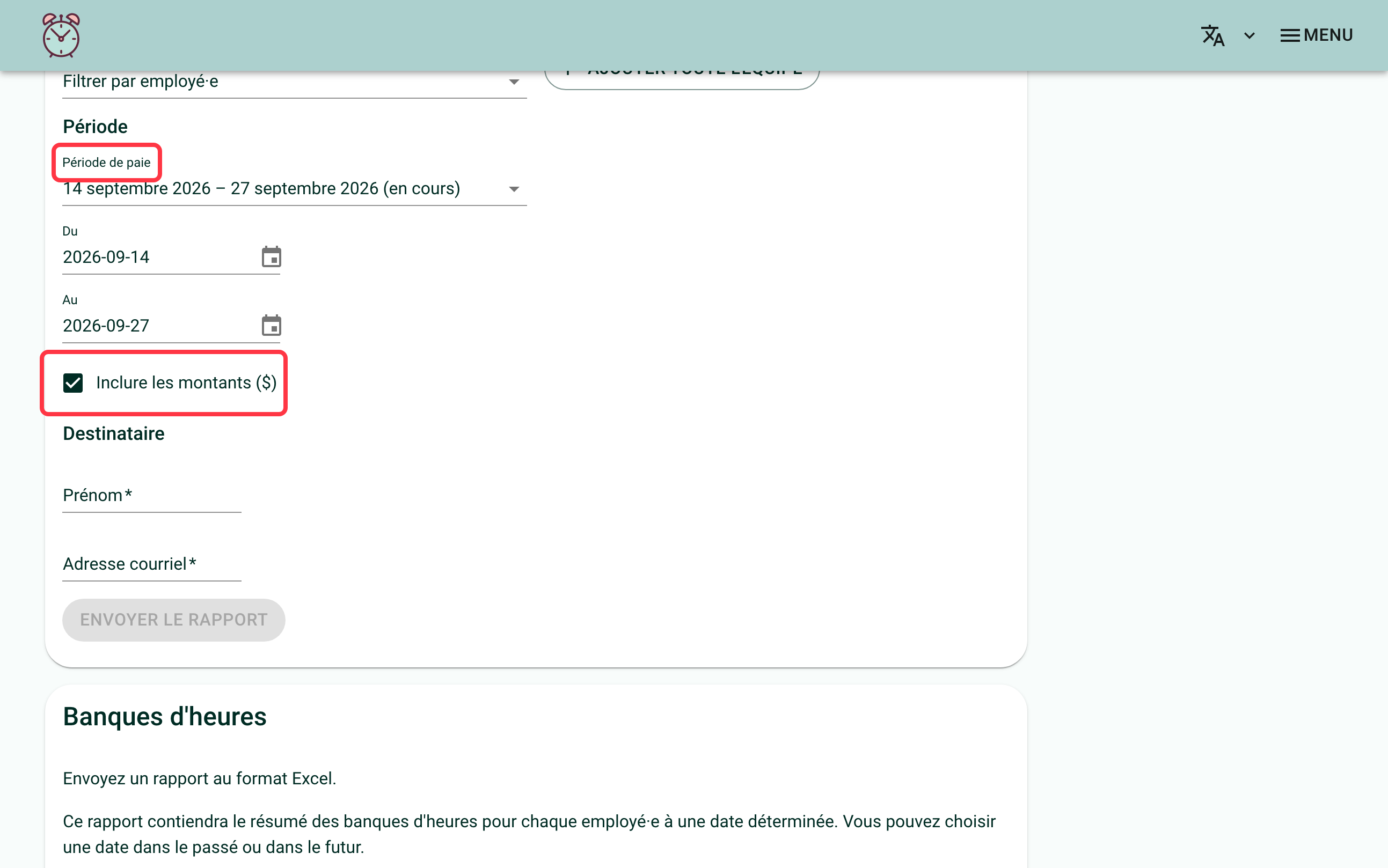 Screenshot of the "Pay" section of the "Reports" page showing the "Pay period", "From", "To", "Include amounts ($)" and "Recipient" fields. A red frame surrounds the "Pay period" field and a second one surrounds the "Include amounts ($)" checkbox
