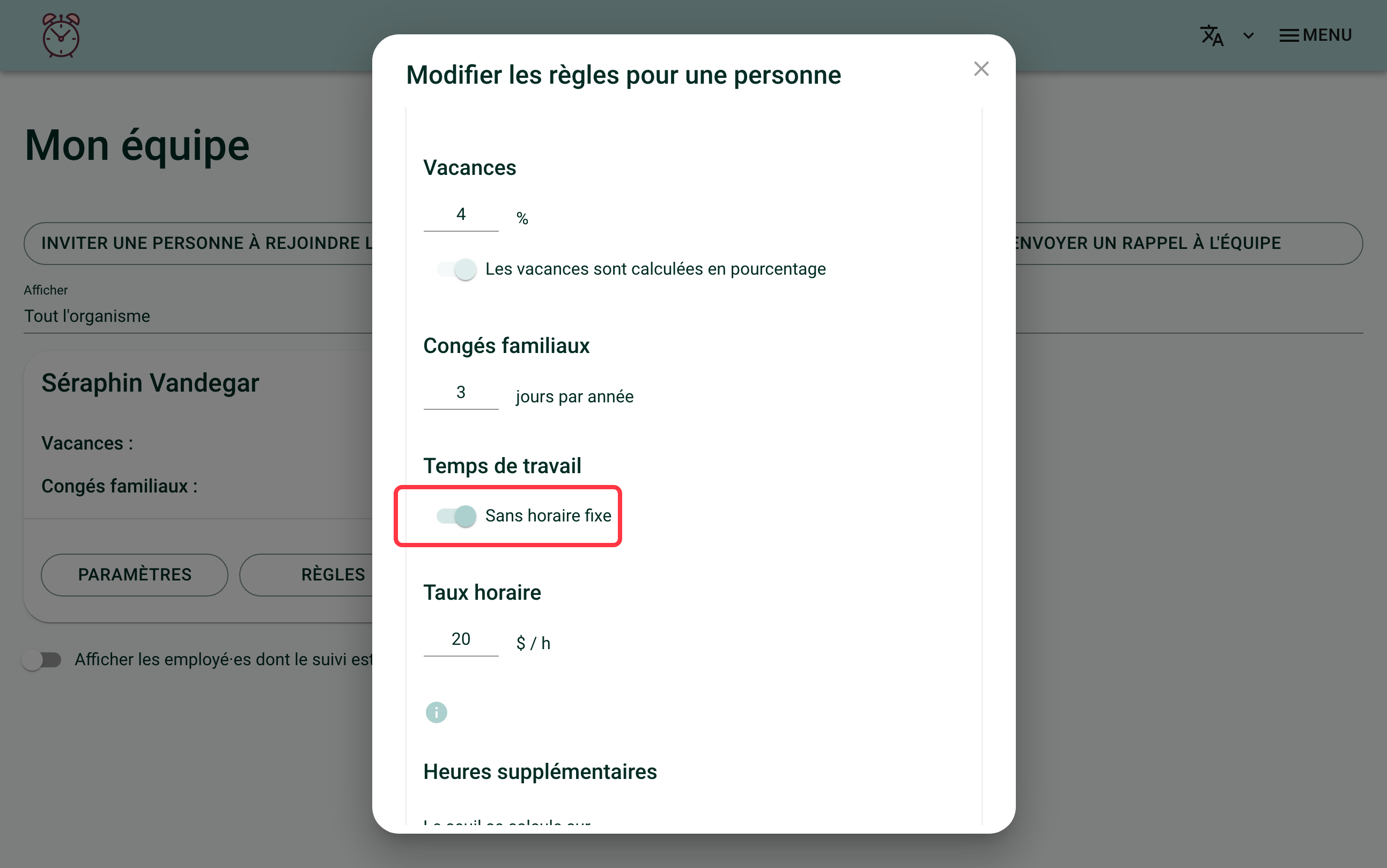 Screenshot of the "Edit rules for a person" window, "Working time" section. A red box surrounds the "No fixed schedule" switch.