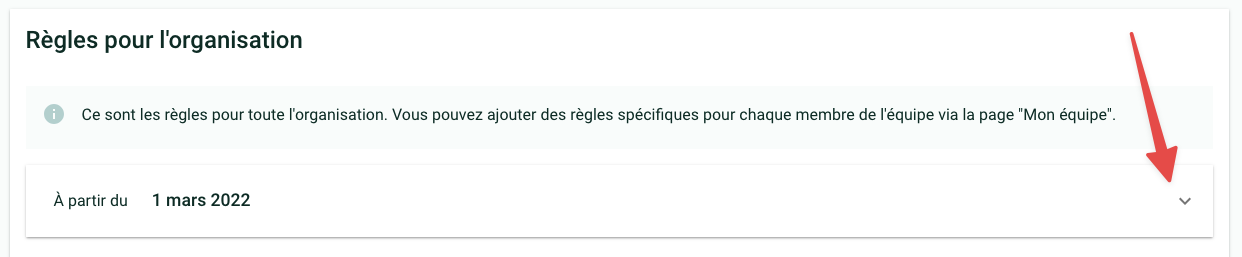 Capture d&#39;écran montrant la section &quot;Règles de l&#39;organisation&quot;. Une flèche rouge pointe vers le bouton pour ouvrir le détail 