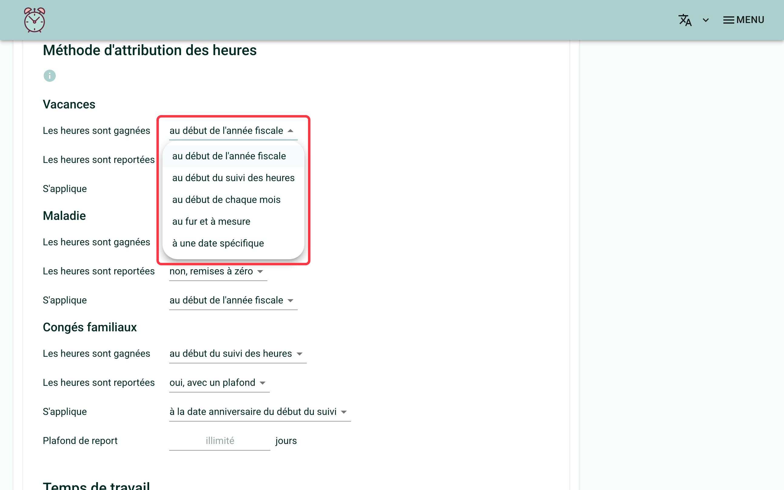 Screenshot showing the options in a dropdown list
