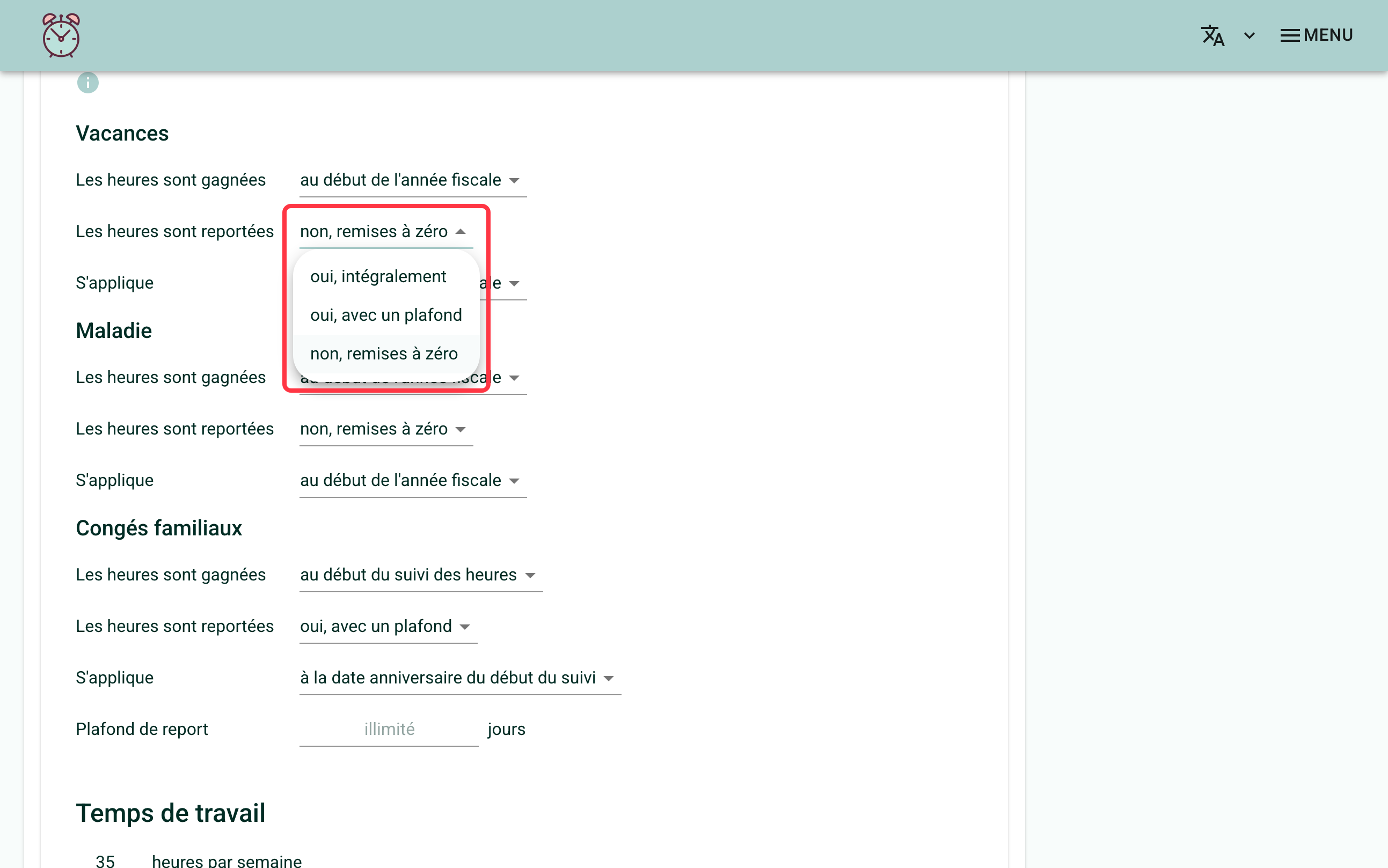 Screenshot showing the three carry-over options in a dropdown list