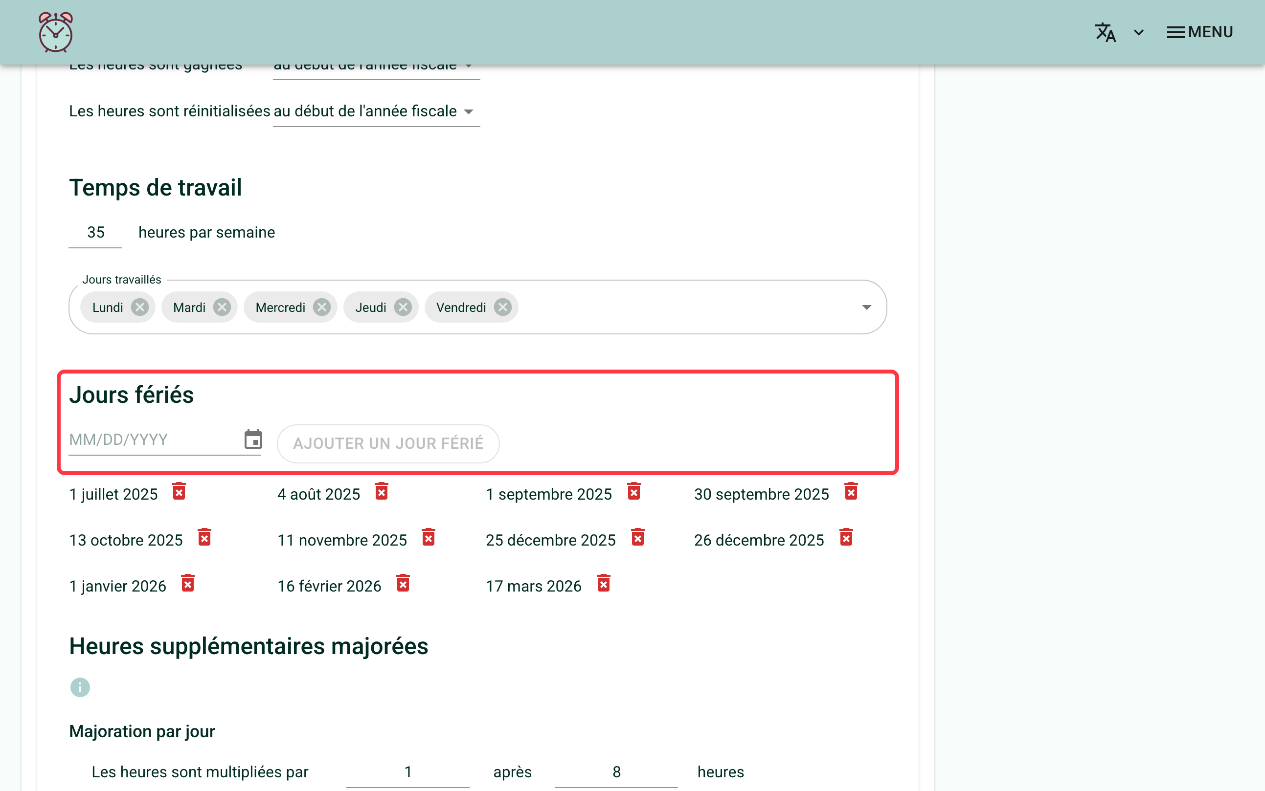 Capture d'écran de la section "Règles pour l'organisation". Un carré rouge entoure la section "Jours fériés" avec le sélecteur de date et le bouton "Ajouter un jour férié"