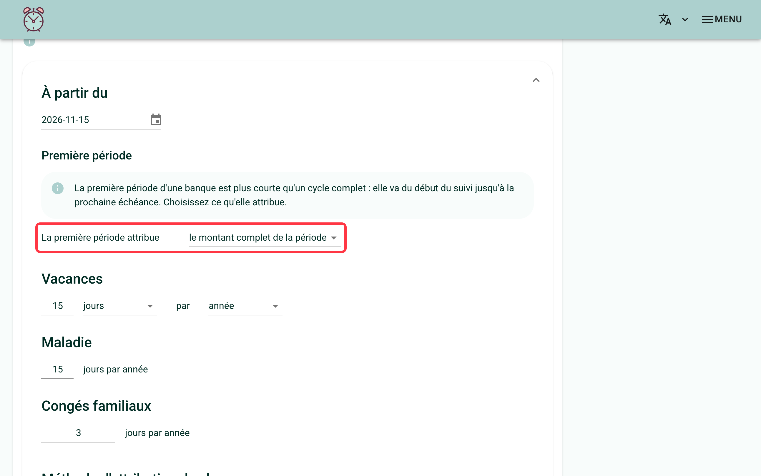 Screenshot showing the "First period" block appearing under the rule period's start date