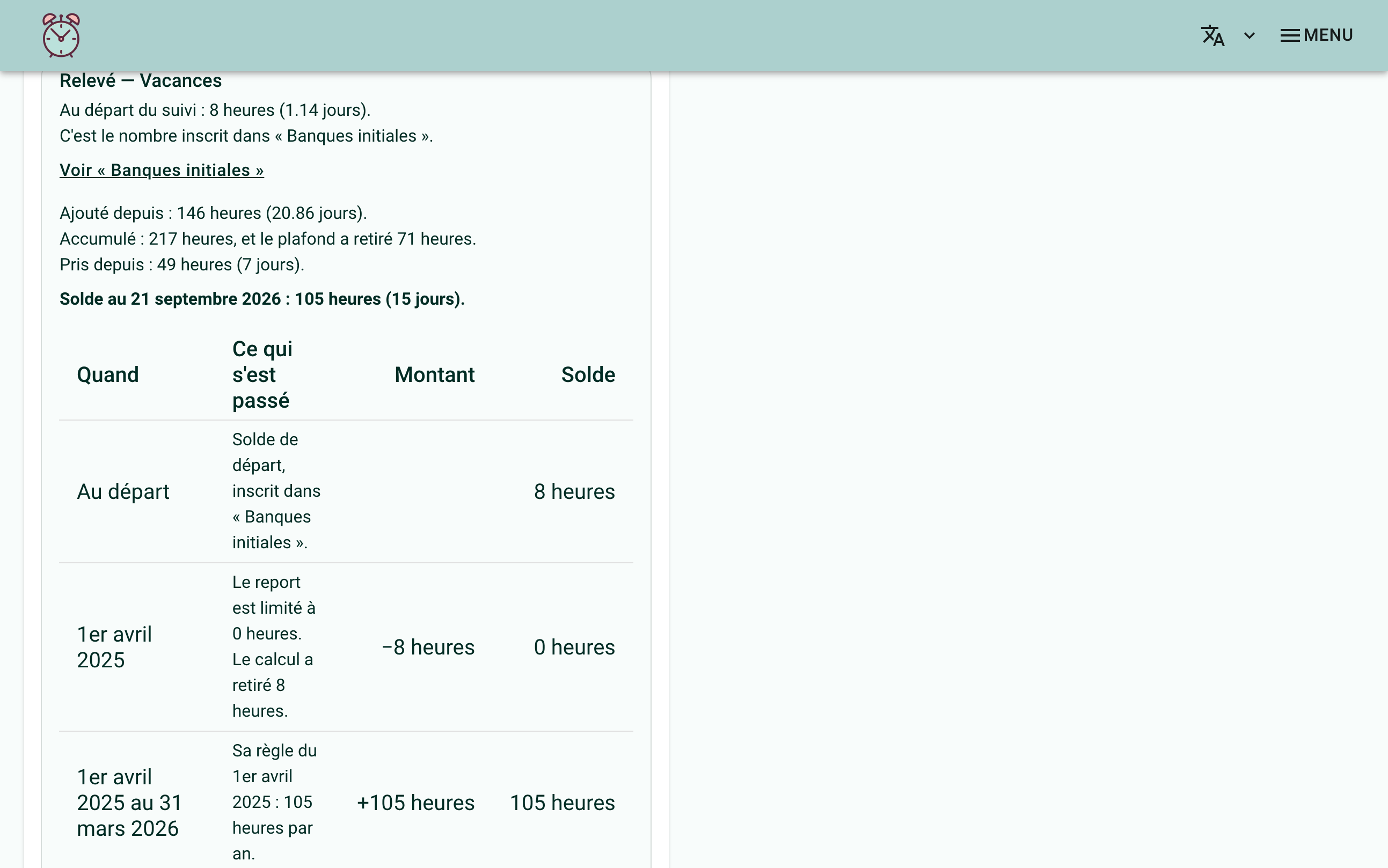 Screenshot of the "My team" page showing the statement unfolded under an employee's holiday balance, with the summary and the start of the detailed table