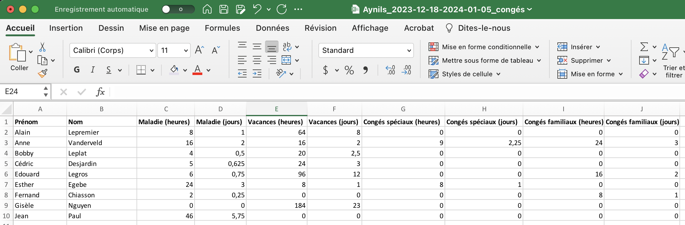 Screenshot of an Excel file showing the total time off for each employee in the organization