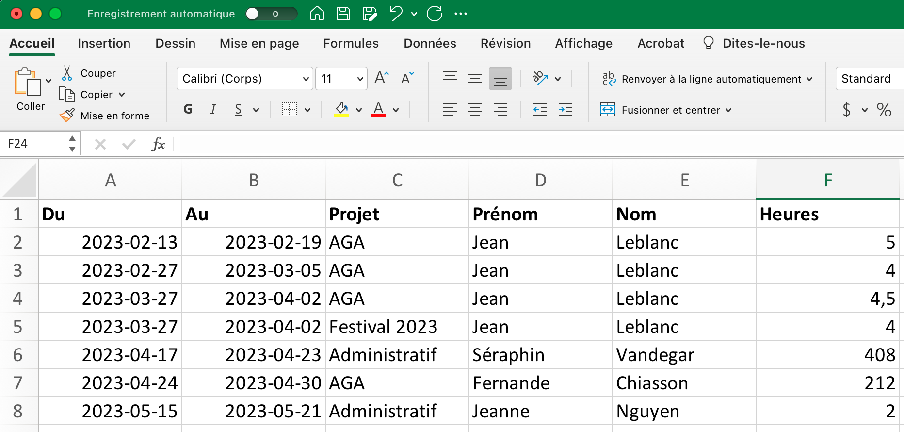 Capture d&#39;écran d&#39;un fichier Excel montrant le résumé des banques d&#39;heures pour chaque employé·e de l&#39;organisme