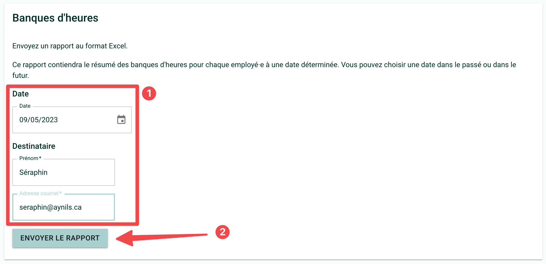 Capture d&#39;écran de la page &quot;Rapport&quot; montrant des champs &quot;Date&quot;, &quot;Nom&quot; et &quot;Prénom&quot; et une flèche rouge vers le bouton &quot;Envoyer&quot;