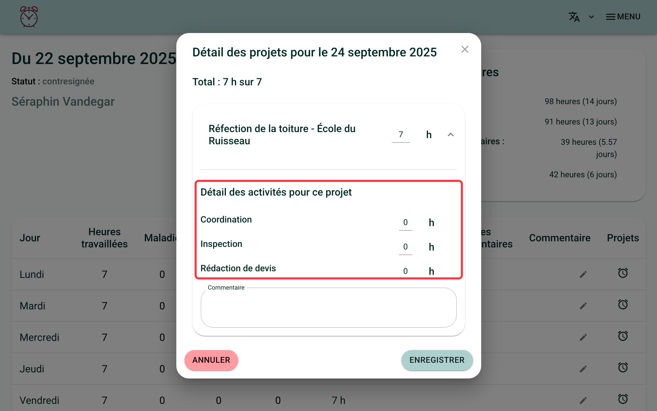 Screenshot of the "Projects details" window, a project's card expanded. A red box surrounds the "Detail for this project" and the hours field of each activity