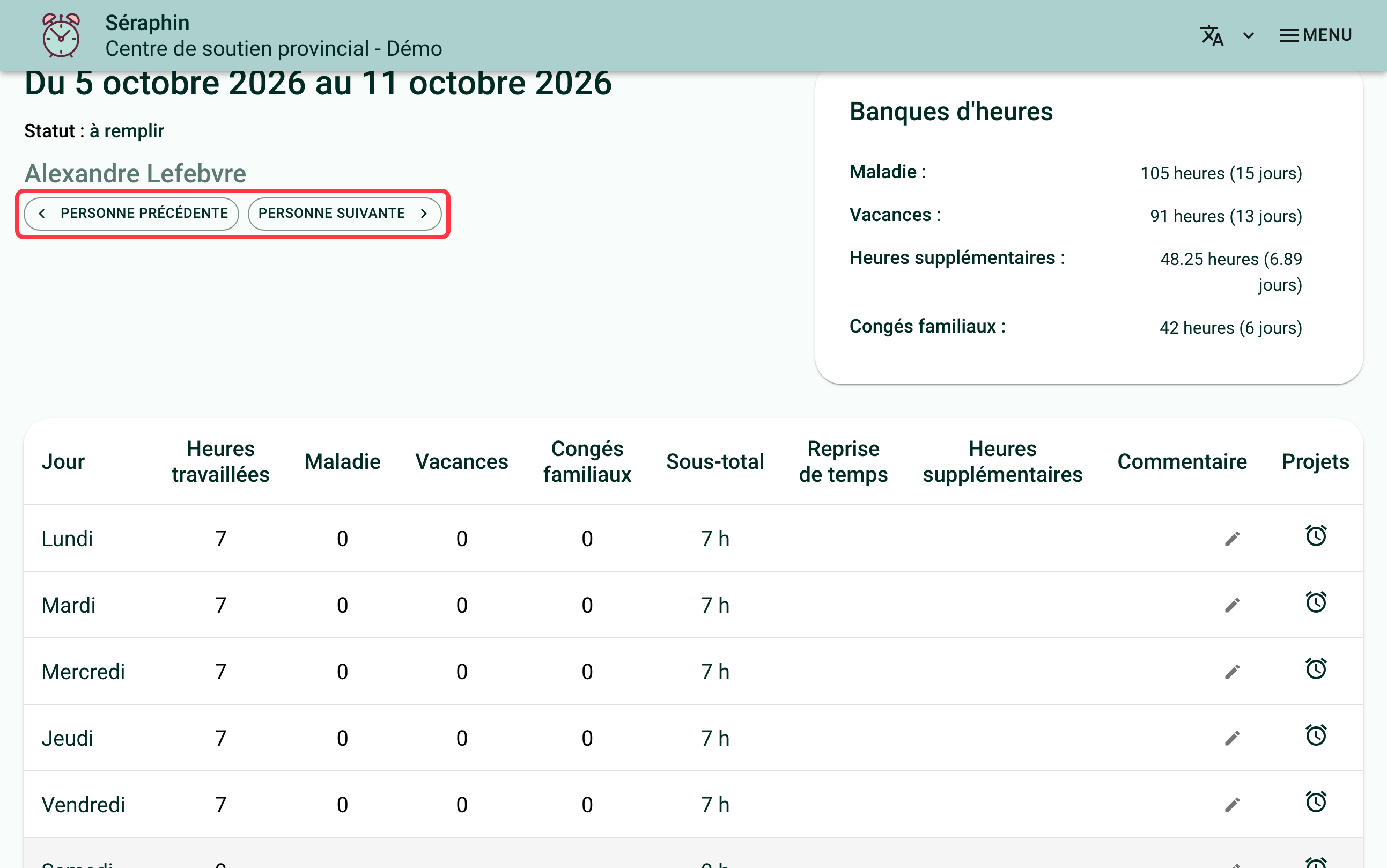 Screenshot of the page of a week. A red square surrounds the "Previous person" and "Next person" buttons, under the person's name