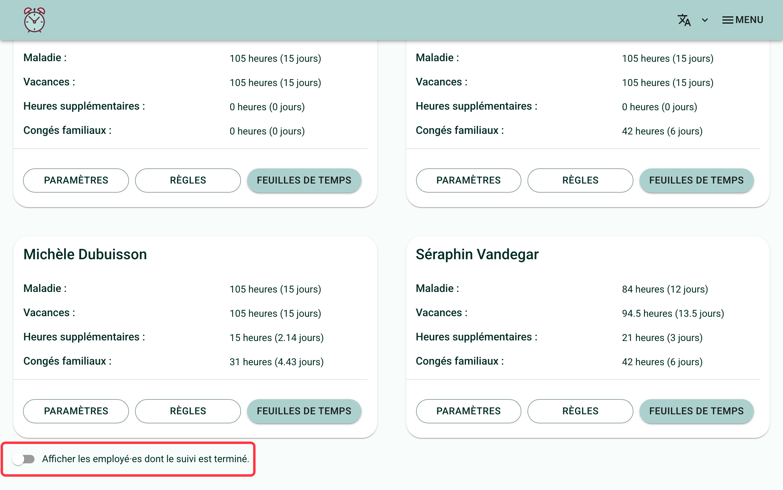 Screenshot of the "My Team" page. The "Display people whose tracking has ended." switch is highlighted in red