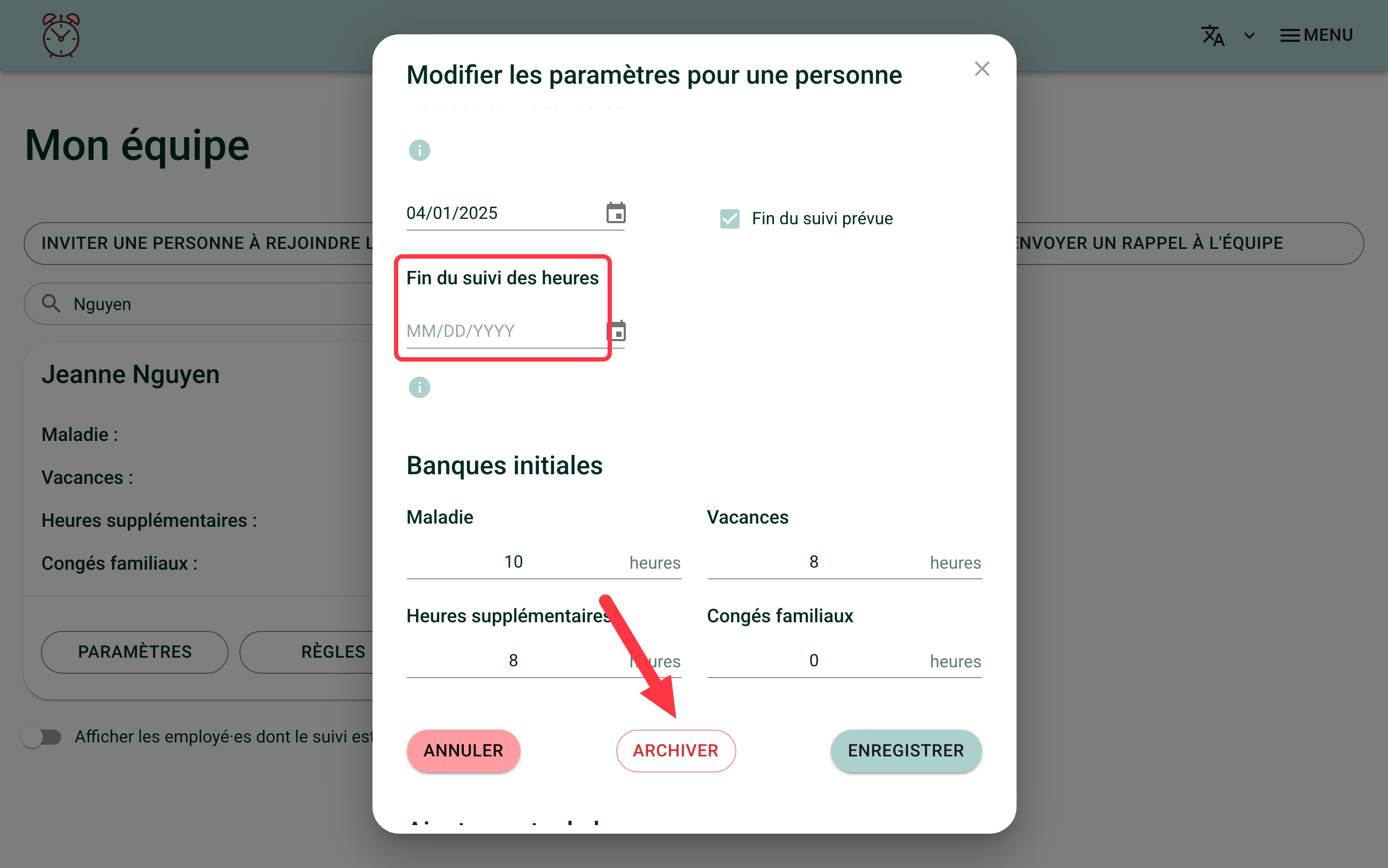Screenshot showing Jeanne Nguyen's settings. A red box highlights the end of hours tracking field. A red arrow points to the "Archive" button