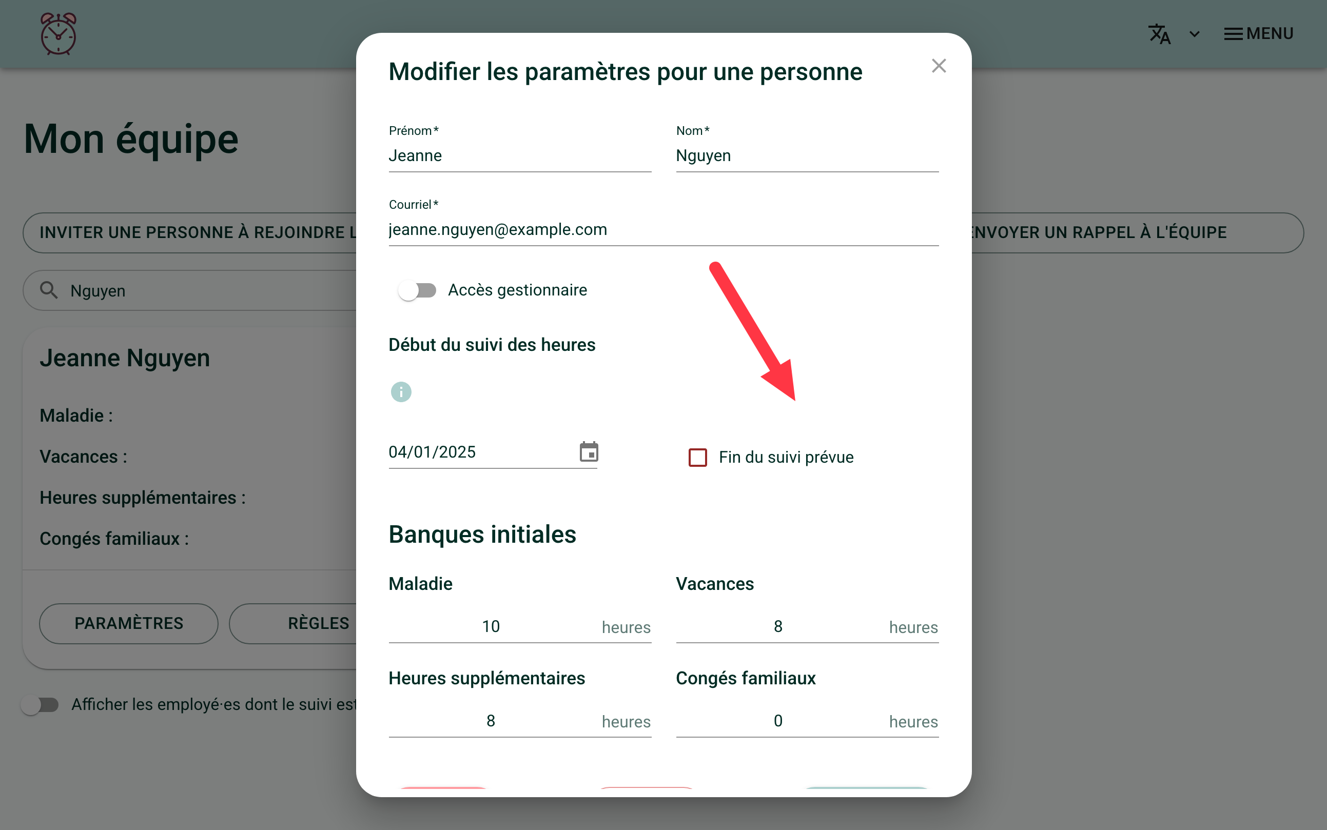 Screenshot showing Jeanne Nguyen's settings. A red arrow points to the "Planned end of tracking" checkbox