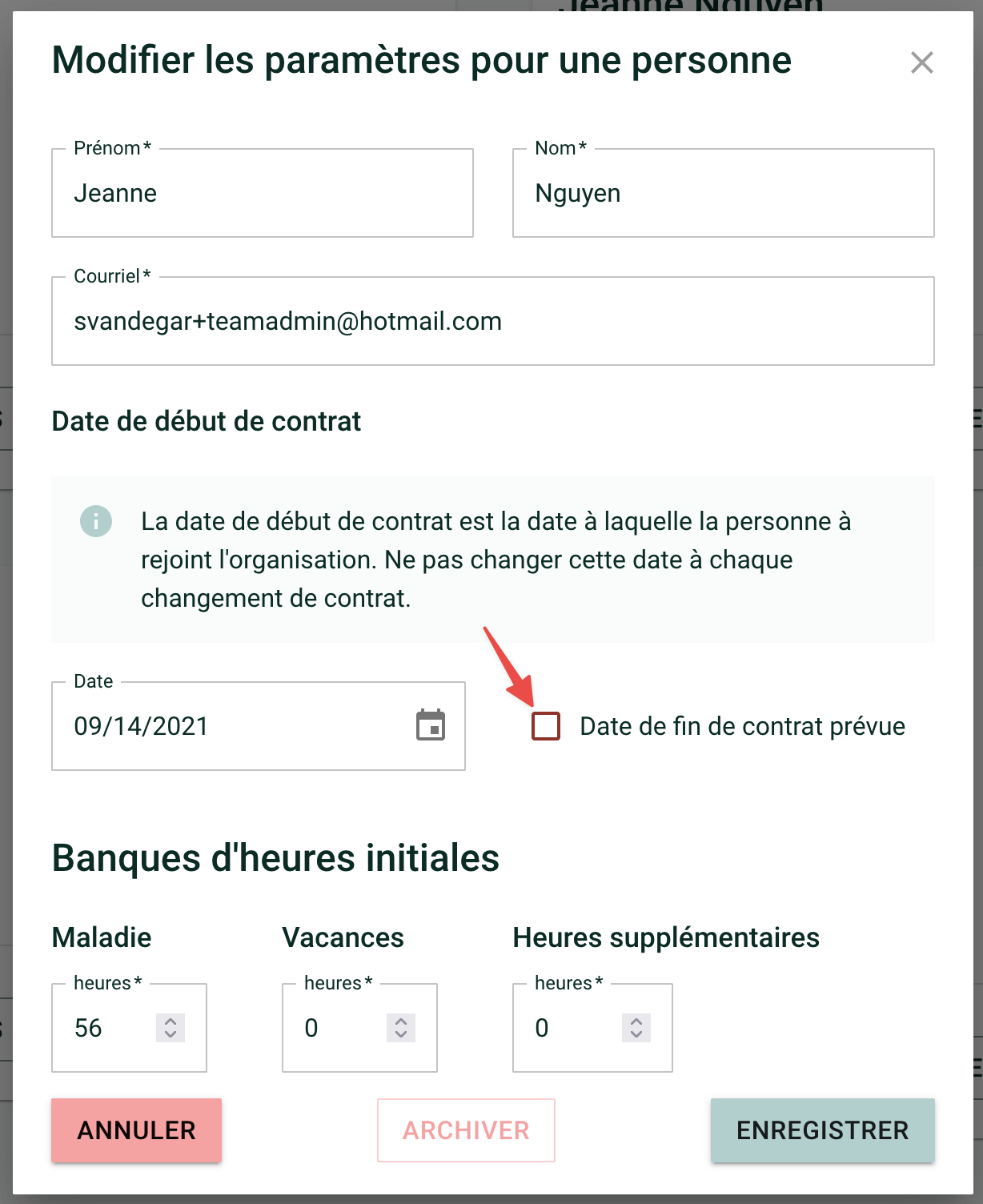 Screenshot showing Jeanne Nguyen&#39;s settings. A red arrow points to the &quot;Planned Contract End Date&quot; checkbox